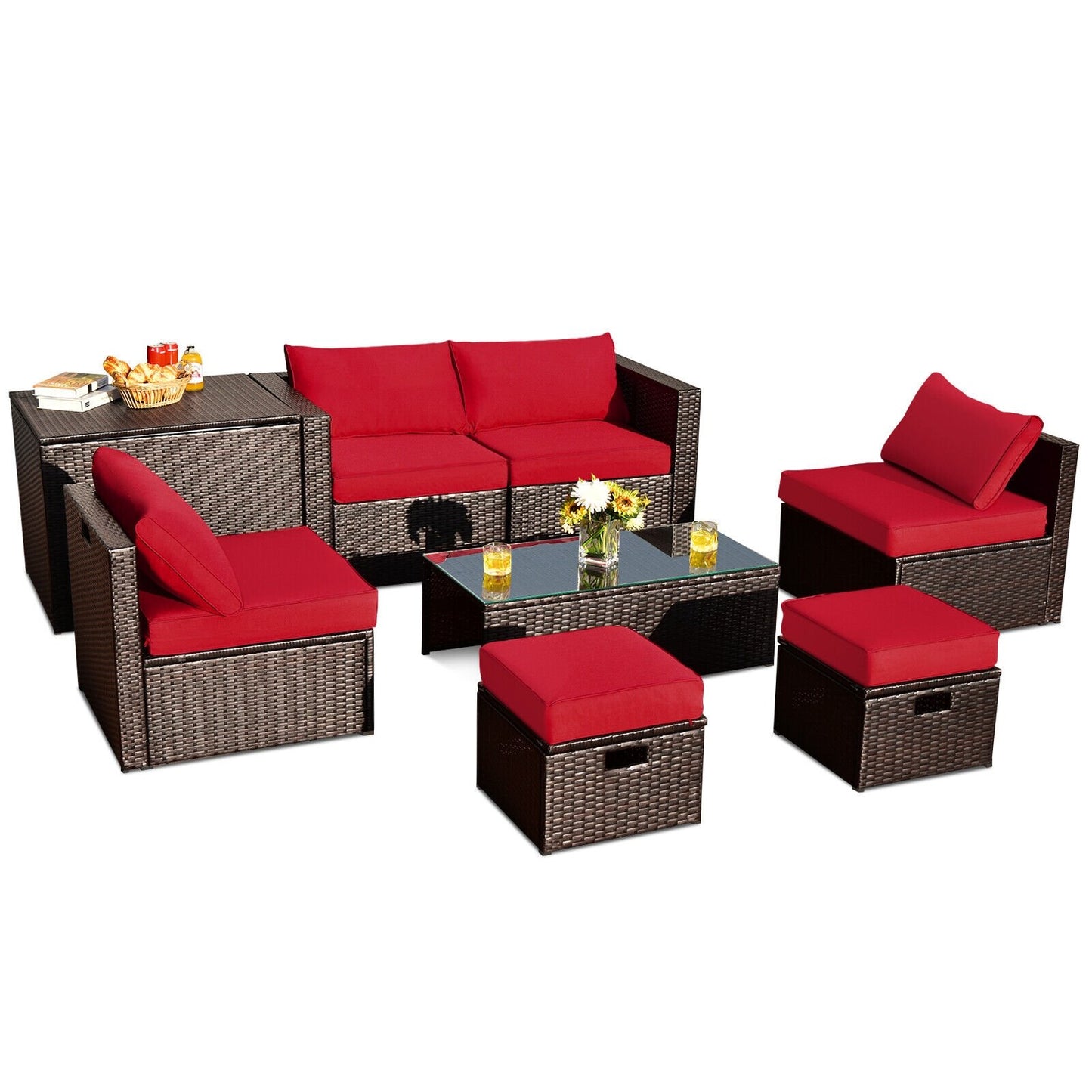 8 Pieces Patio Space-Saving Rattan Furniture Set with Storage Box and Waterproof Cover, Red - Gallery Canada