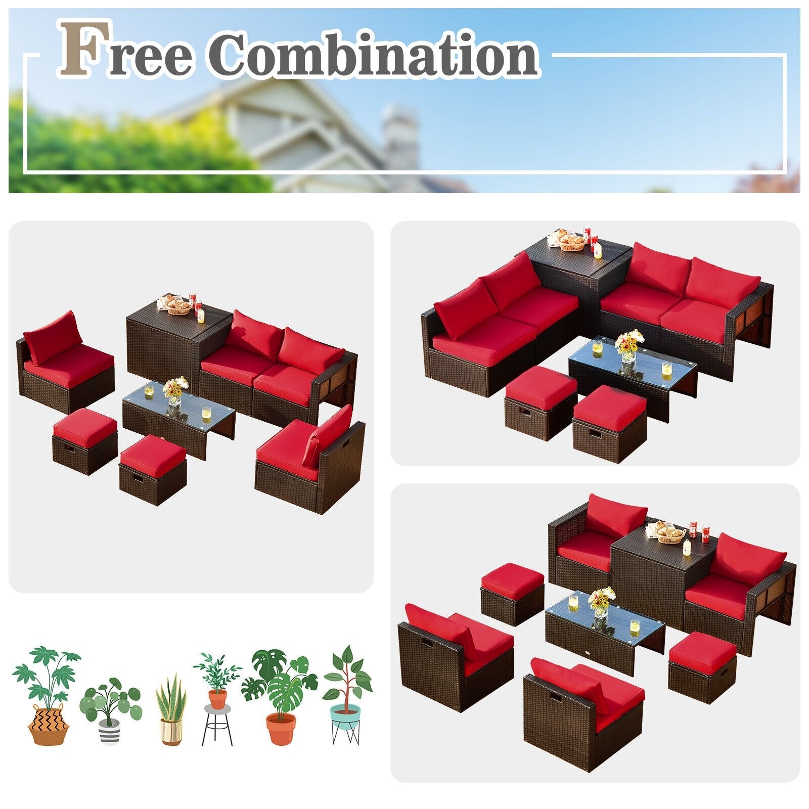 8 Pieces Patio Space-Saving Rattan Furniture Set with Storage Box and Waterproof Cover, Red Outdoor Sectionals   at Gallery Canada