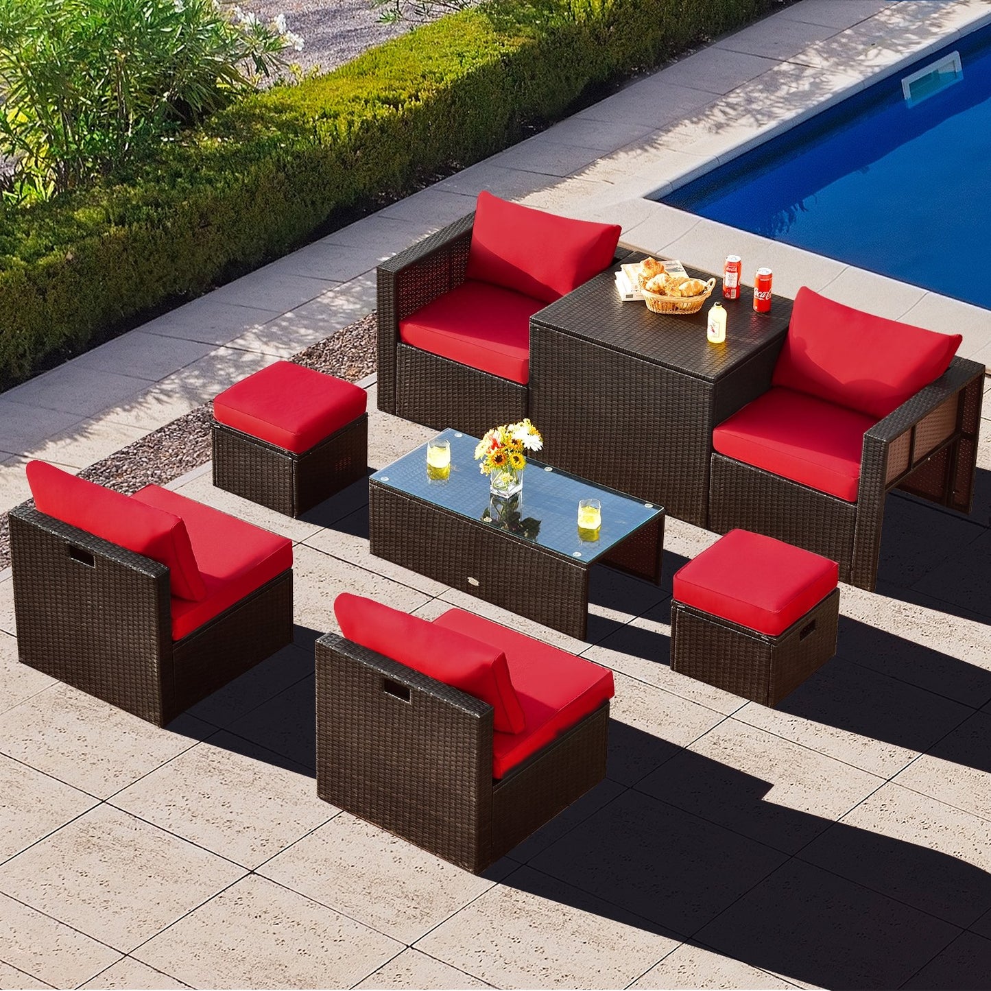 8 Pieces Patio Space-Saving Rattan Furniture Set with Storage Box and Waterproof Cover, Red Outdoor Sectionals   at Gallery Canada