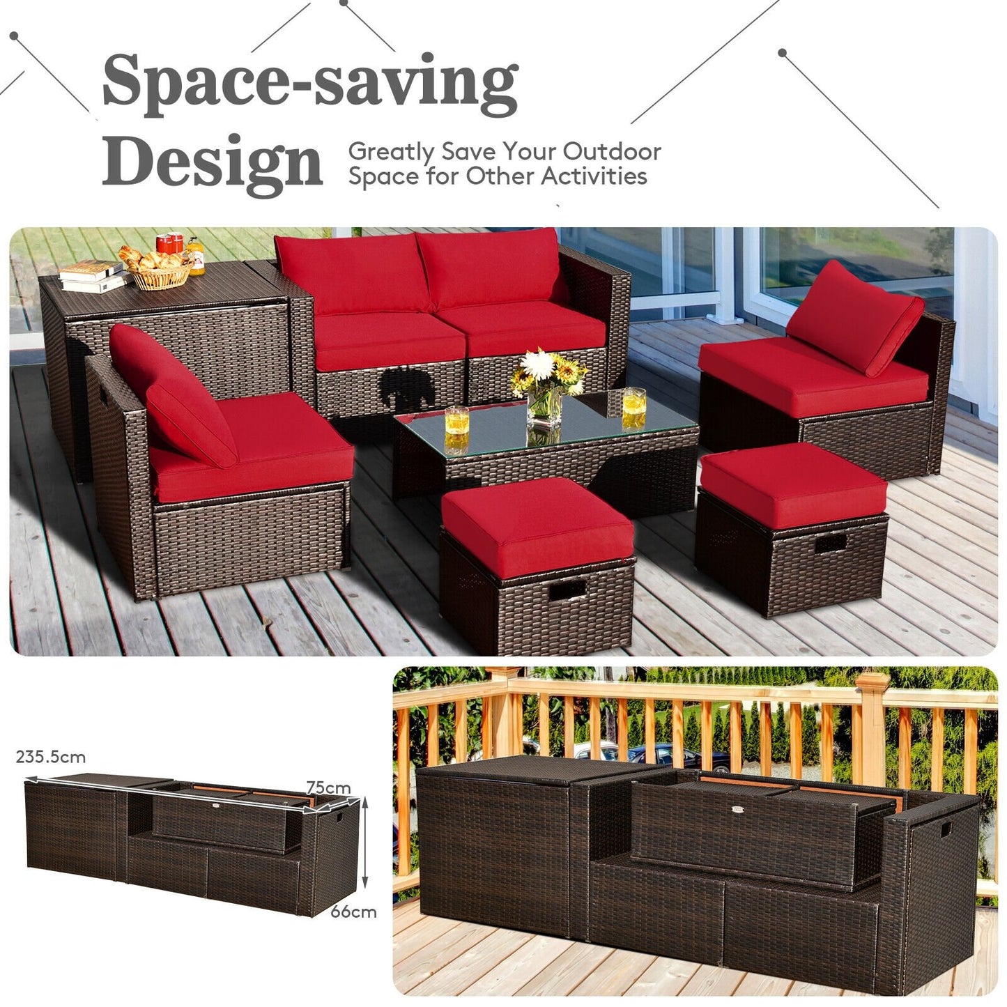 8 Pieces Patio Space-Saving Rattan Furniture Set with Storage Box and Waterproof Cover, Red Outdoor Sectionals   at Gallery Canada