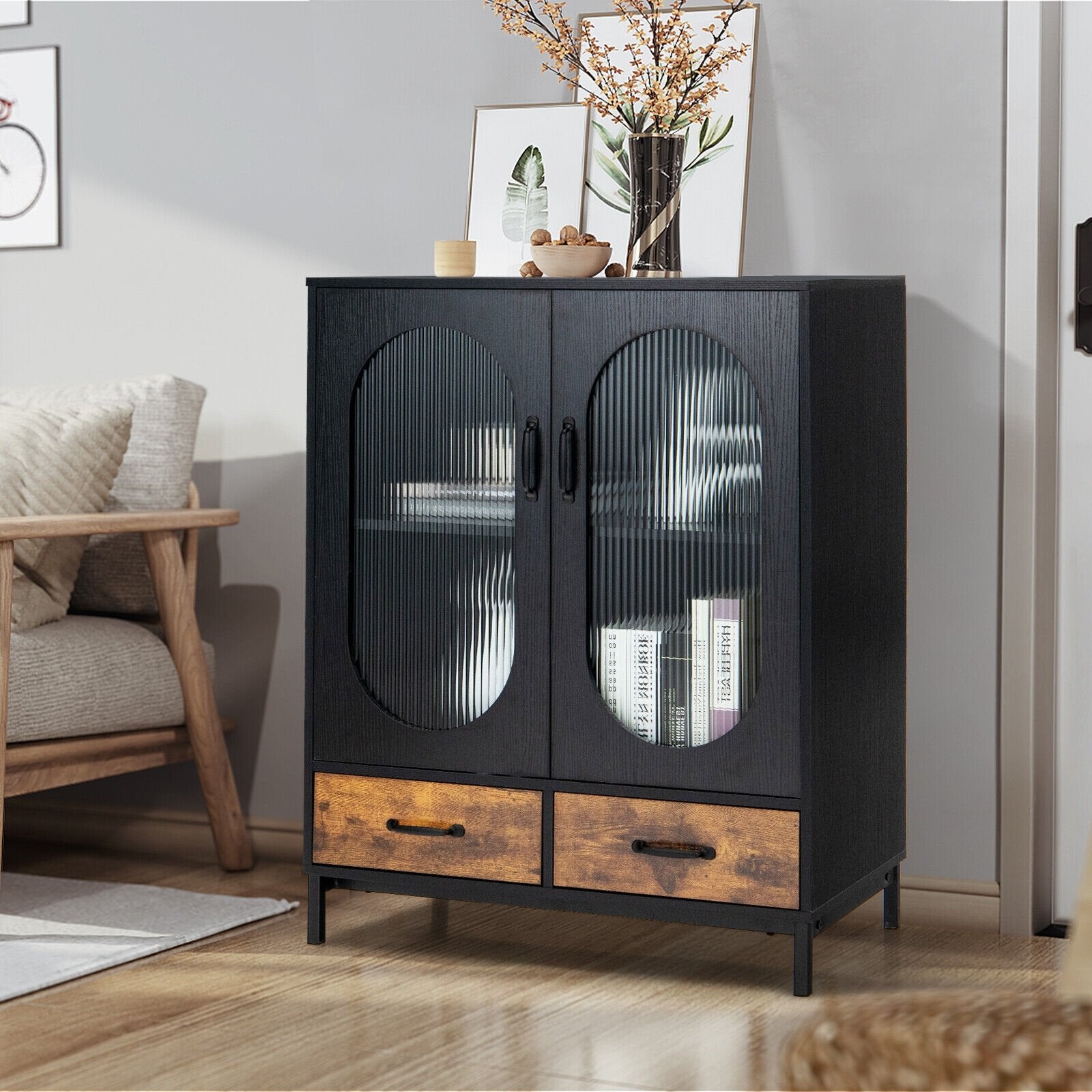 Kitchen Industrial Buffet Sideboard with Tempered Glass Doors, Black Sideboards Cabinets & Buffets   at Gallery Canada