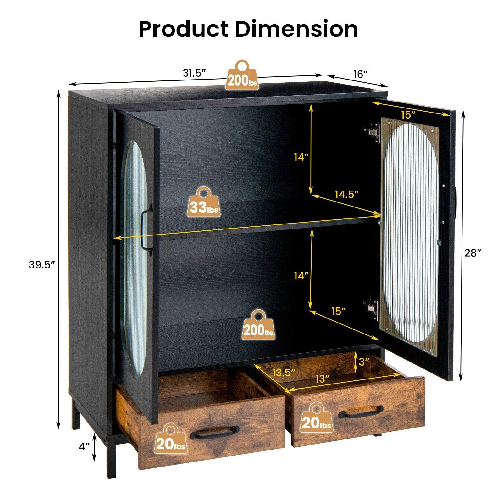 Kitchen Industrial Buffet Sideboard with Tempered Glass Doors, Black Sideboards Cabinets & Buffets   at Gallery Canada