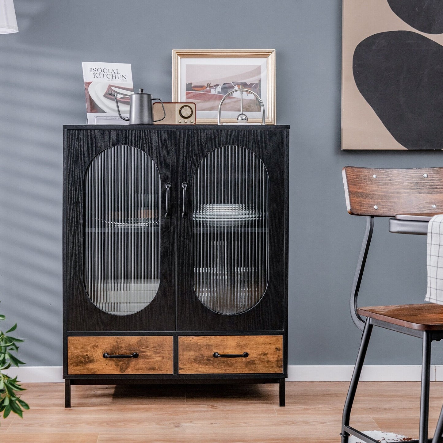 Kitchen Industrial Buffet Sideboard with Tempered Glass Doors, Black Sideboards Cabinets & Buffets   at Gallery Canada