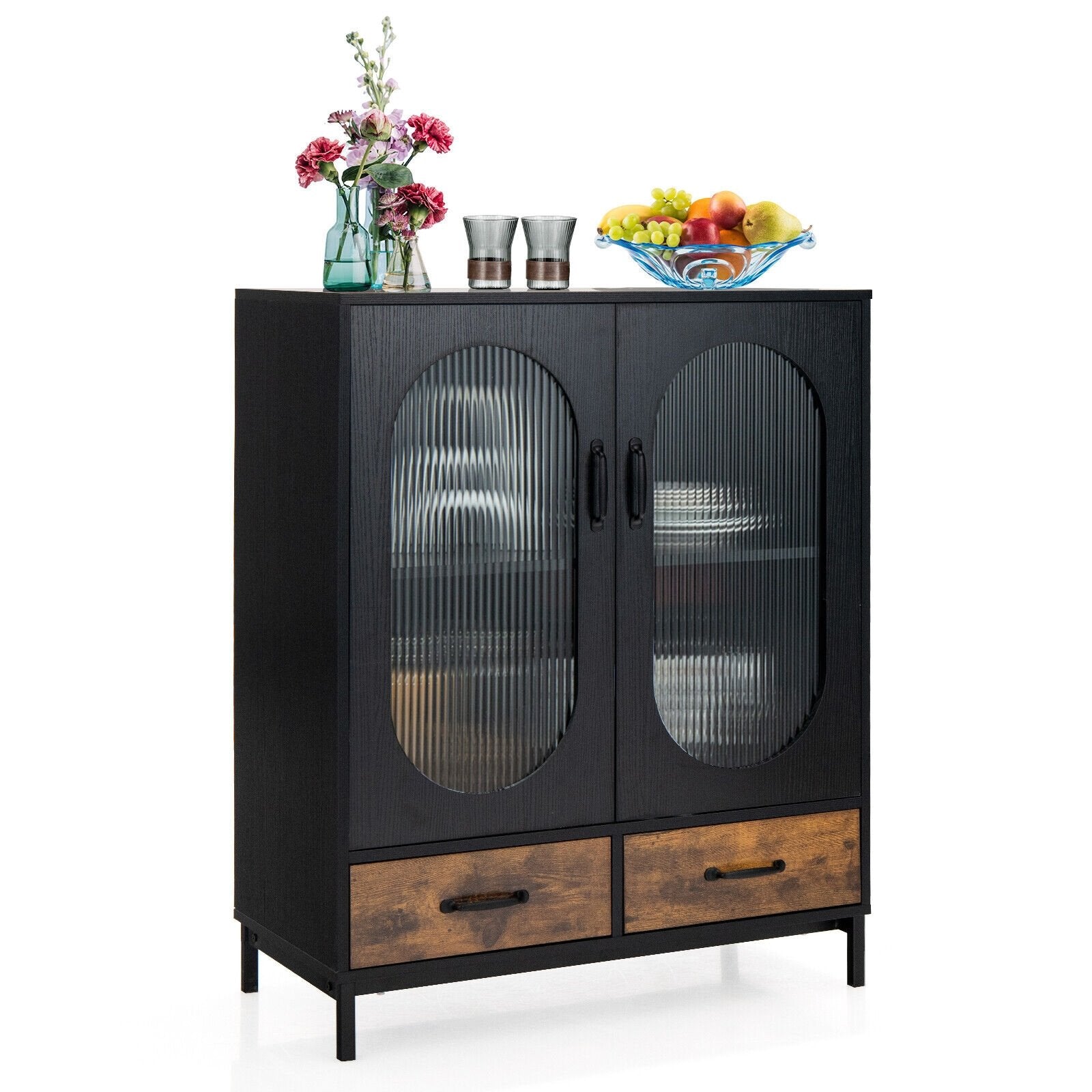 Kitchen Industrial Buffet Sideboard with Tempered Glass Doors, Black Sideboards Cabinets & Buffets   at Gallery Canada