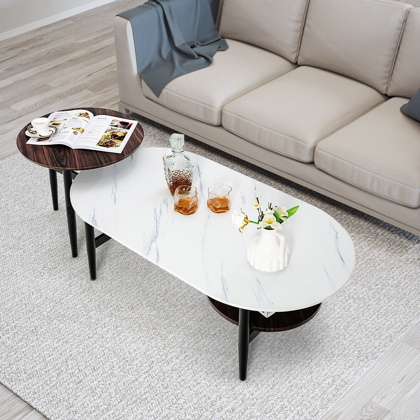 Set of 2 Modern Nesting Coffee Table with Extra Storage Shelf, White - Gallery Canada