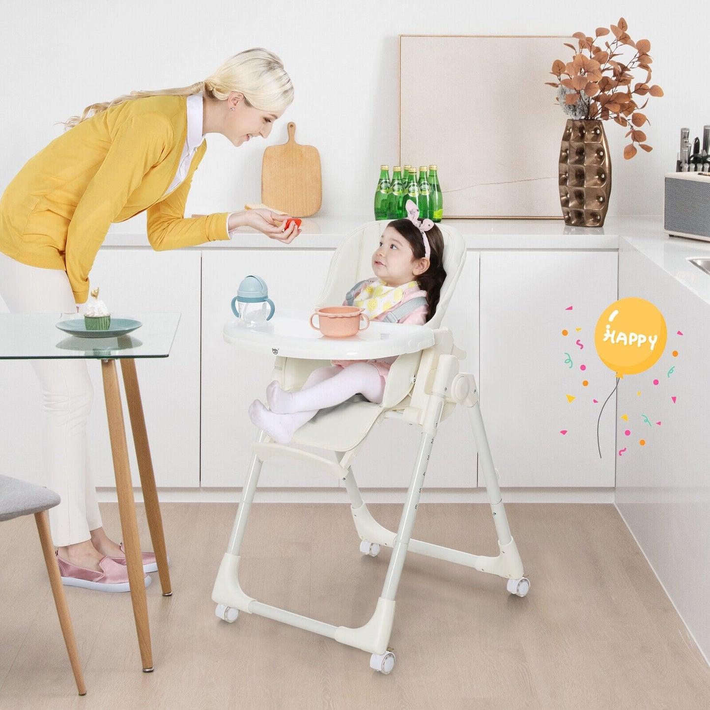 Folding High Chair with Height Adjustment and 360° Rotating Wheels, Beige - Gallery Canada