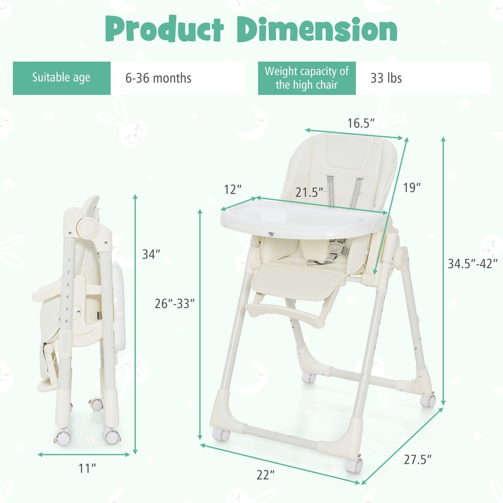 Folding High Chair with Height Adjustment and 360° Rotating Wheels, Beige - Gallery Canada