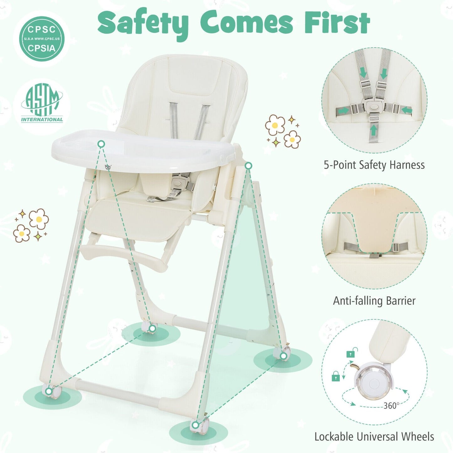 Folding High Chair with Height Adjustment and 360° Rotating Wheels, Beige - Gallery Canada