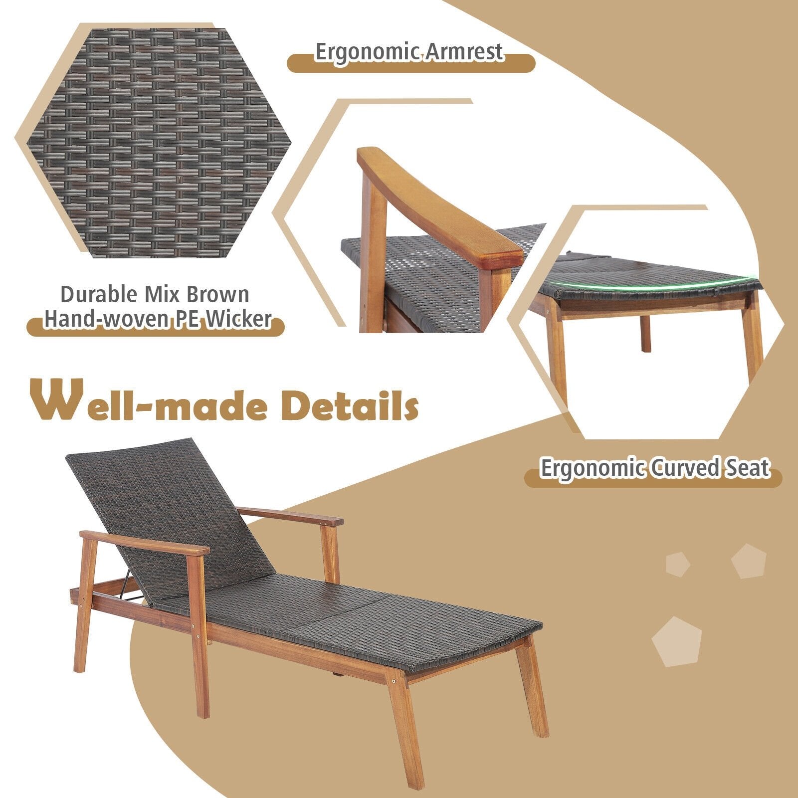 Patio Rattan Lounge Chair with 4-Position Adjustable Backrest, Brown Outdoor Chaise Lounges   at Gallery Canada