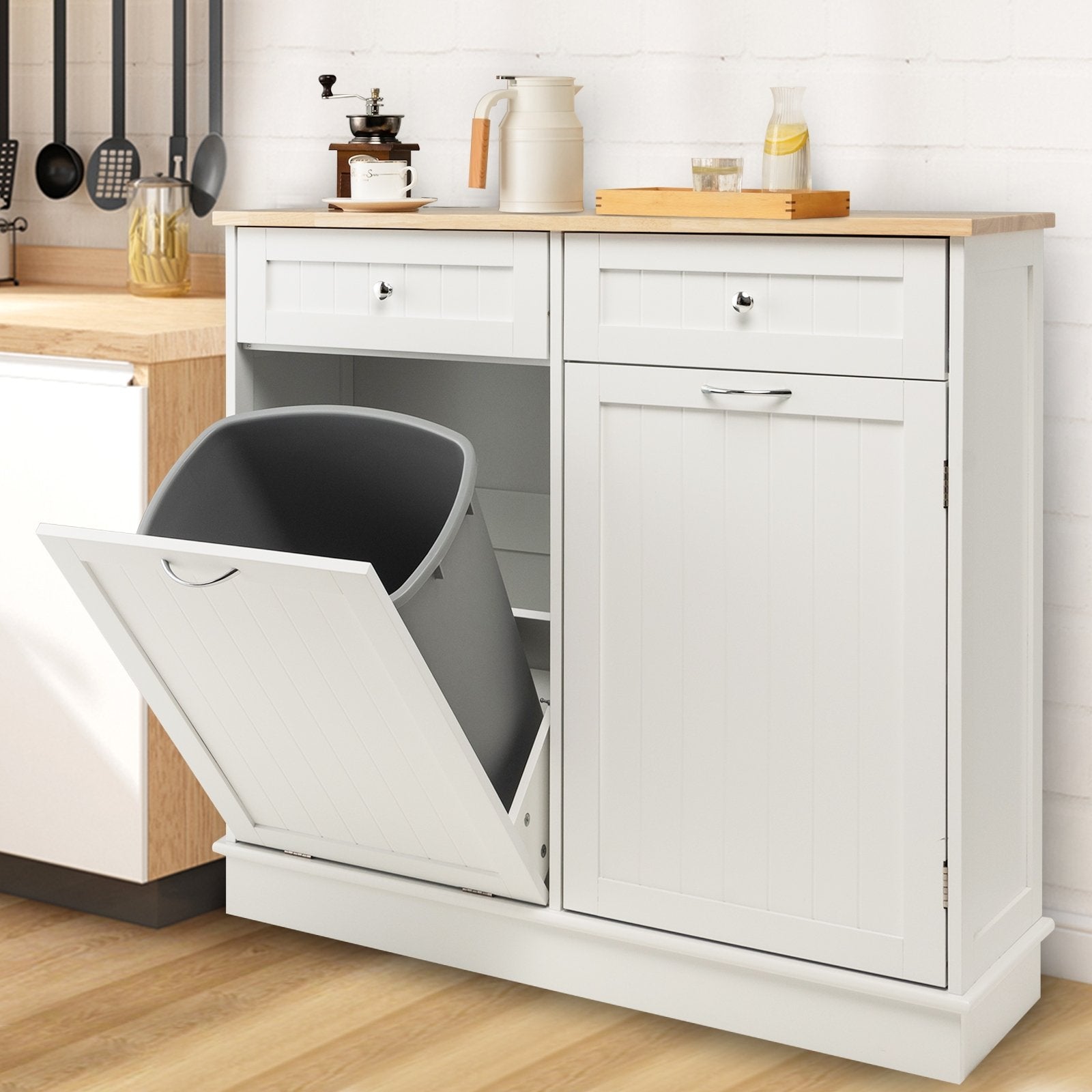 Rubber Wood Kitchen Trash Cabinet with Single Trash Can Holder and Adjustable Shelf, White Sideboards Cabinets & Buffets   at Gallery Canada