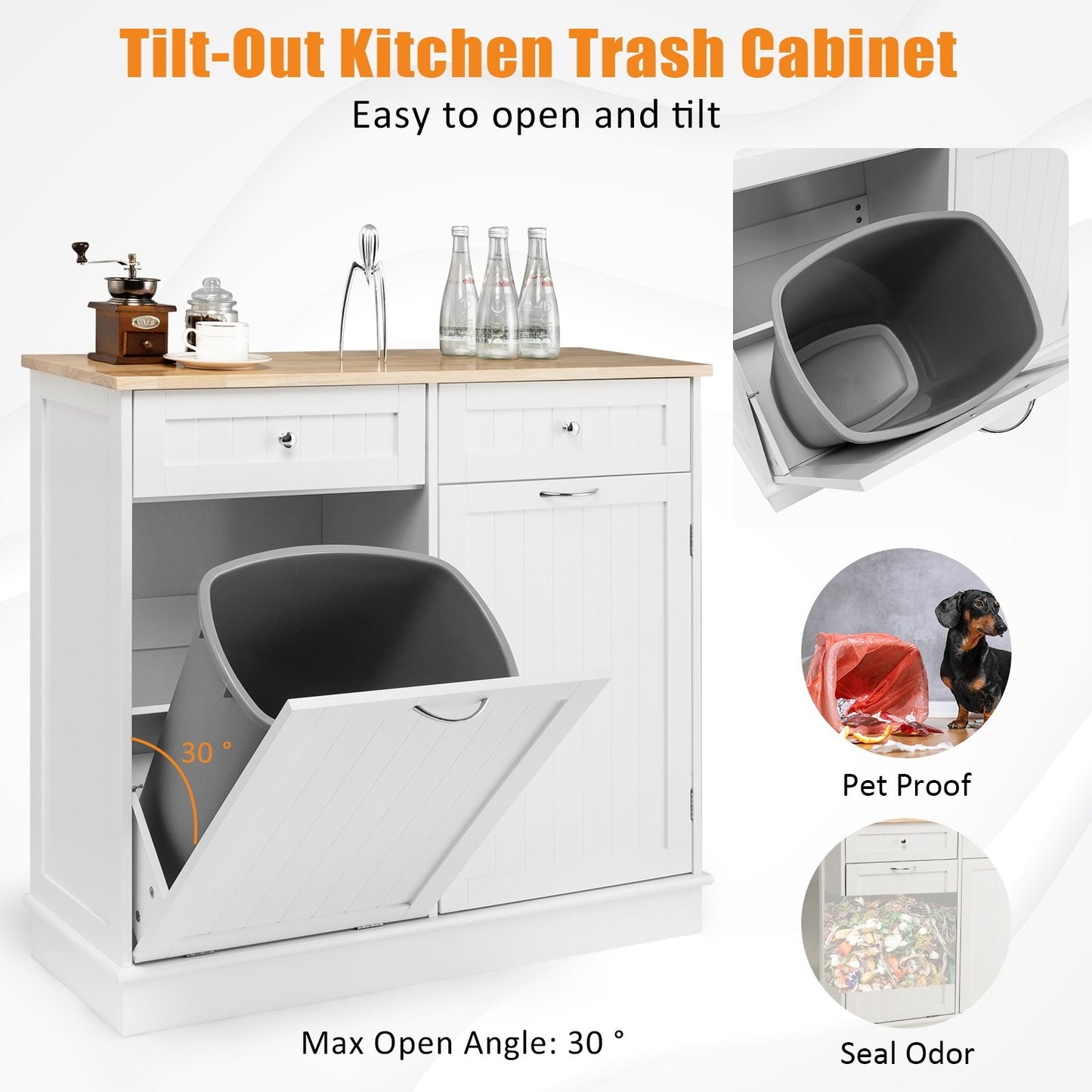 Rubber Wood Kitchen Trash Cabinet with Single Trash Can Holder and Adjustable Shelf, White Sideboards Cabinets & Buffets   at Gallery Canada