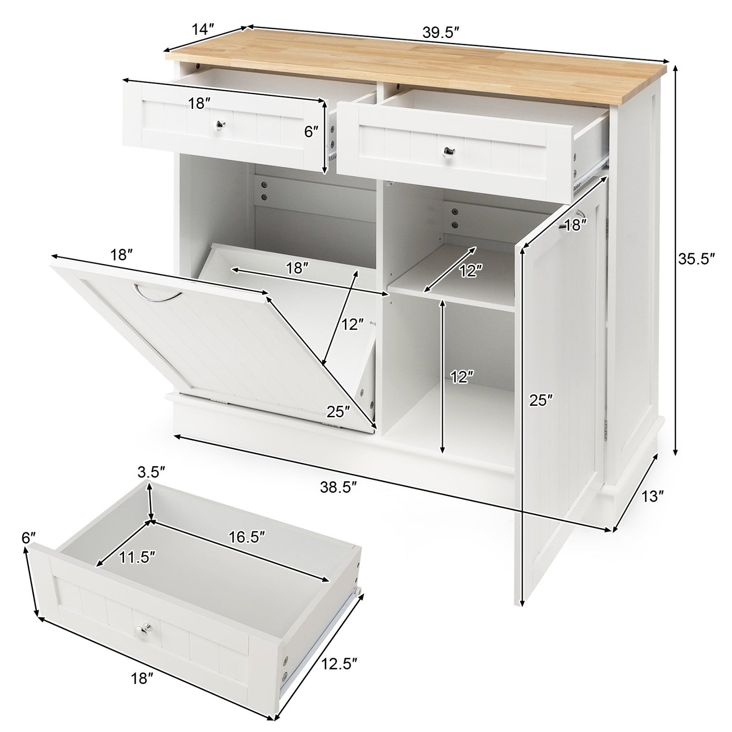 Rubber Wood Kitchen Trash Cabinet with Single Trash Can Holder and Adjustable Shelf, White Sideboards Cabinets & Buffets   at Gallery Canada