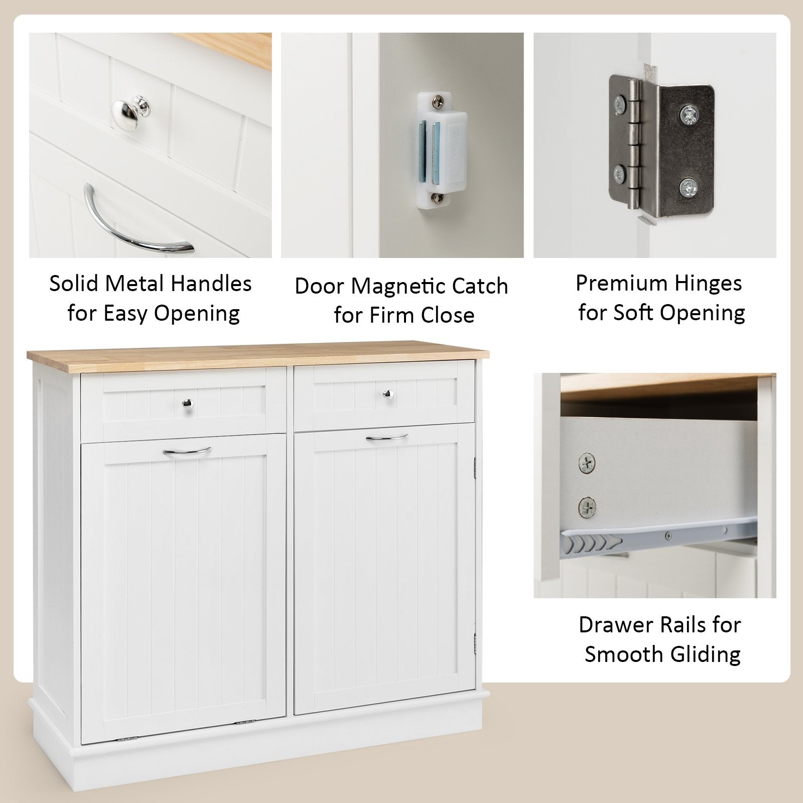 Rubber Wood Kitchen Trash Cabinet with Single Trash Can Holder and Adjustable Shelf, White Sideboards Cabinets & Buffets   at Gallery Canada