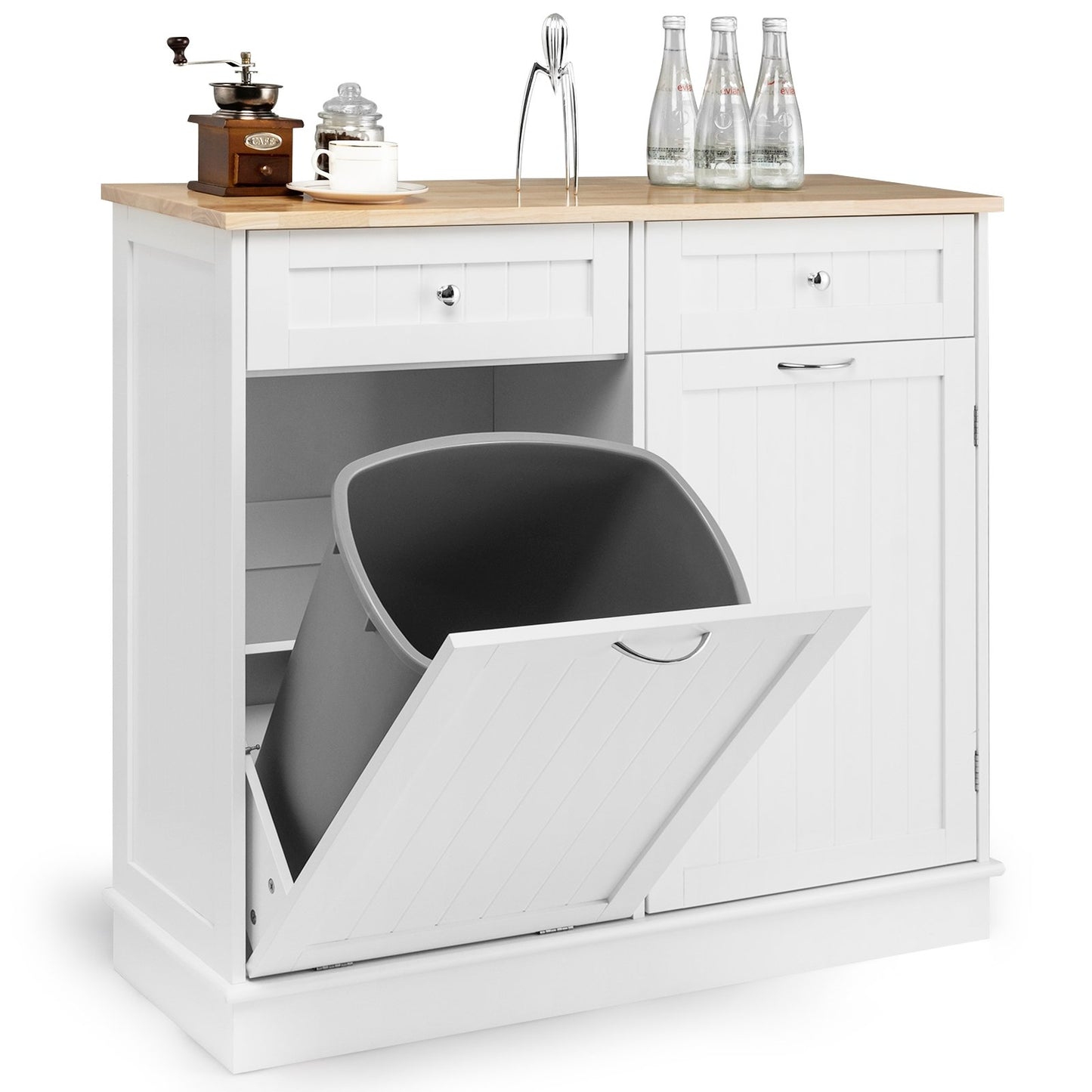 Rubber Wood Kitchen Trash Cabinet with Single Trash Can Holder and Adjustable Shelf, White Sideboards Cabinets & Buffets   at Gallery Canada