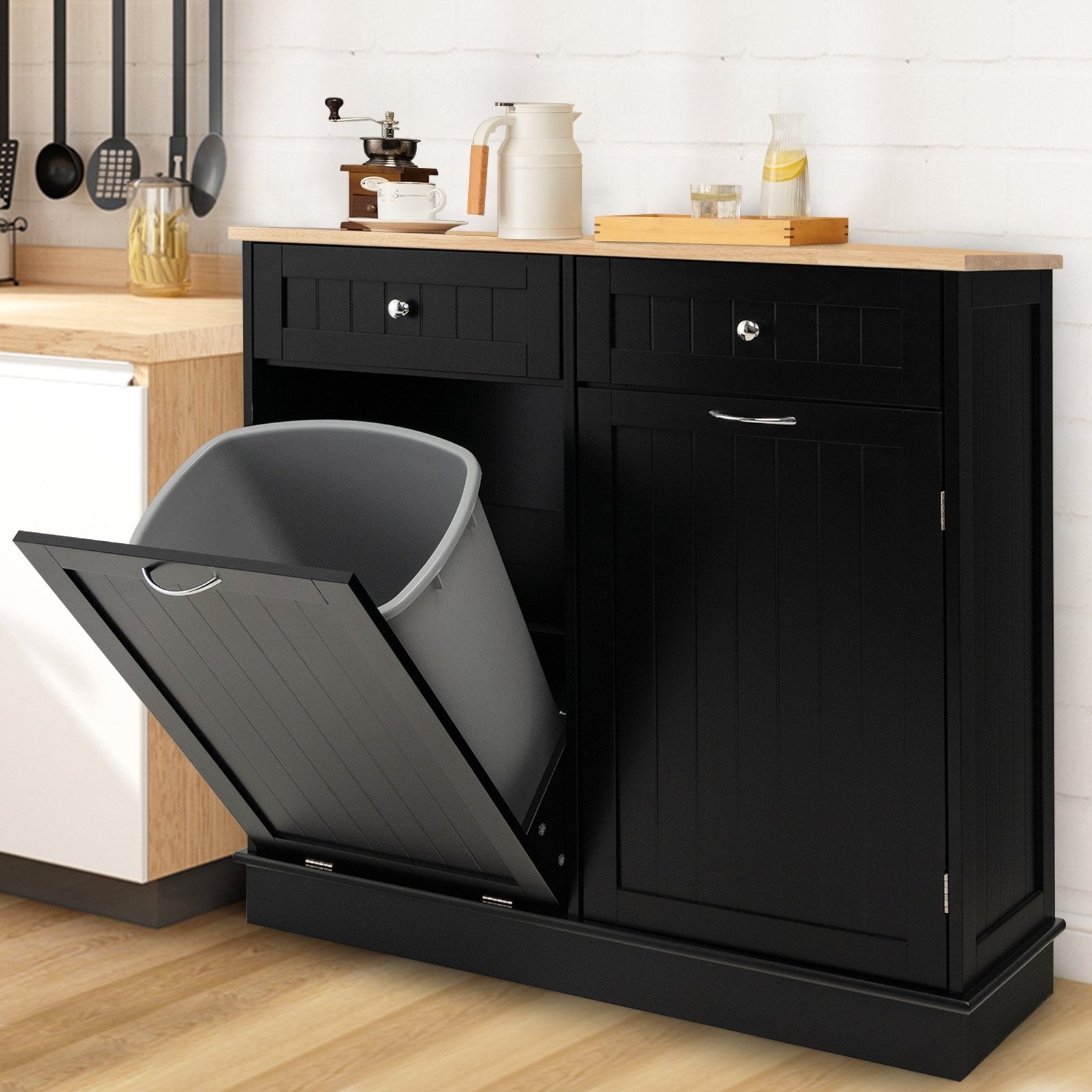 Rubber Wood Kitchen Trash Cabinet with Single Trash Can Holder and Adjustable Shelf, Black Sideboards Cabinets & Buffets   at Gallery Canada