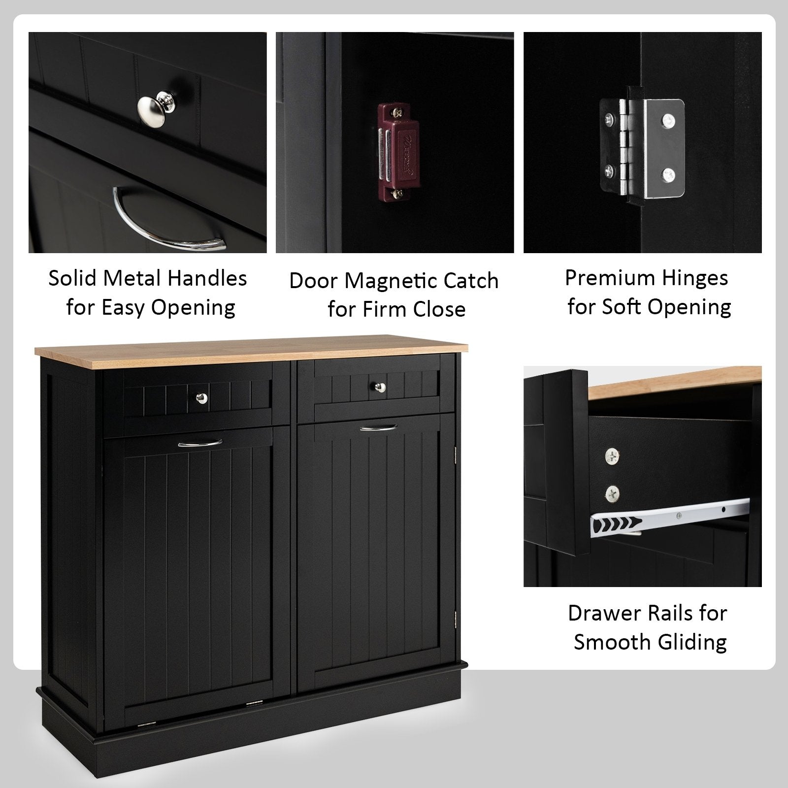 Rubber Wood Kitchen Trash Cabinet with Single Trash Can Holder and Adjustable Shelf, Black Sideboards Cabinets & Buffets   at Gallery Canada
