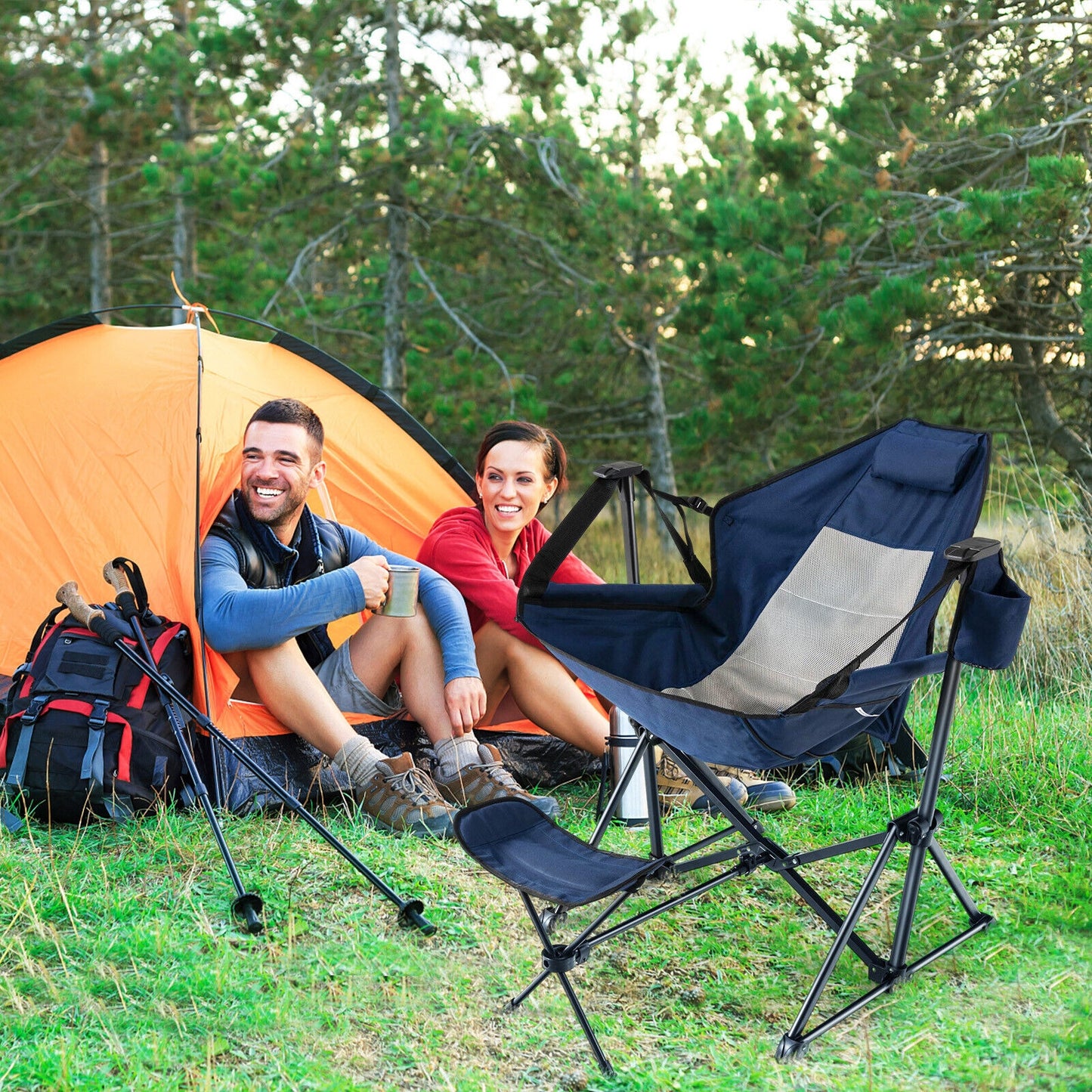 Hammock Camping Chair with Retractable Footrest and Carrying Bag, Navy Camping Furniture   at Gallery Canada