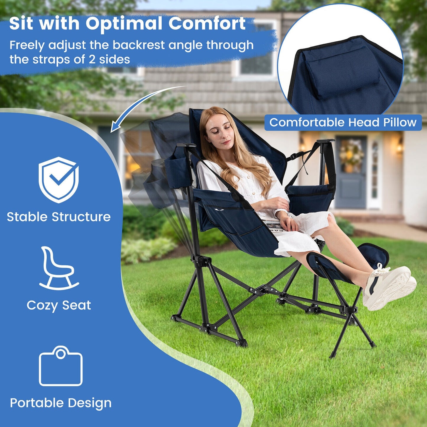 Hammock Camping Chair with Retractable Footrest and Carrying Bag, Navy Camping Furniture   at Gallery Canada