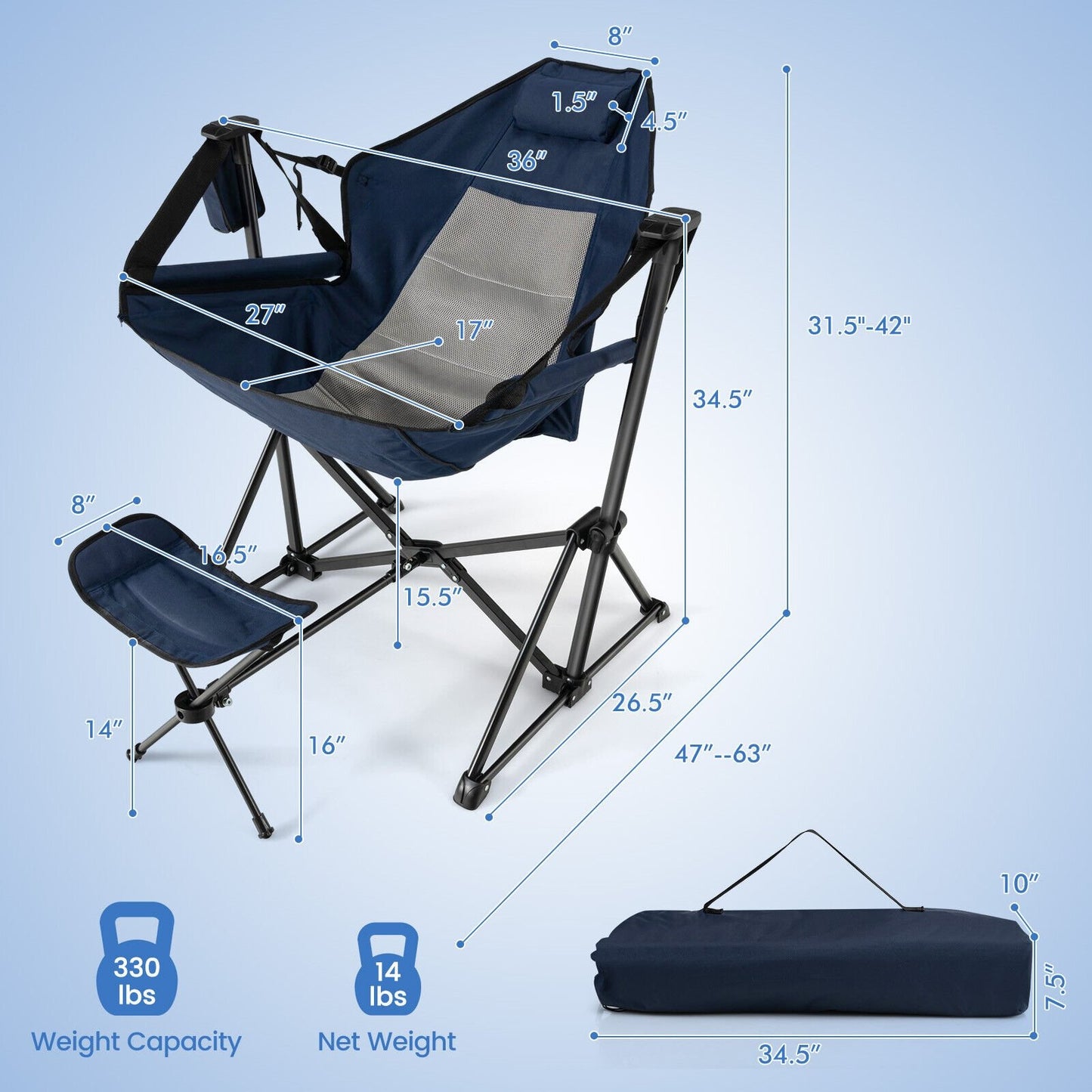 Hammock Camping Chair with Retractable Footrest and Carrying Bag, Navy - Gallery Canada