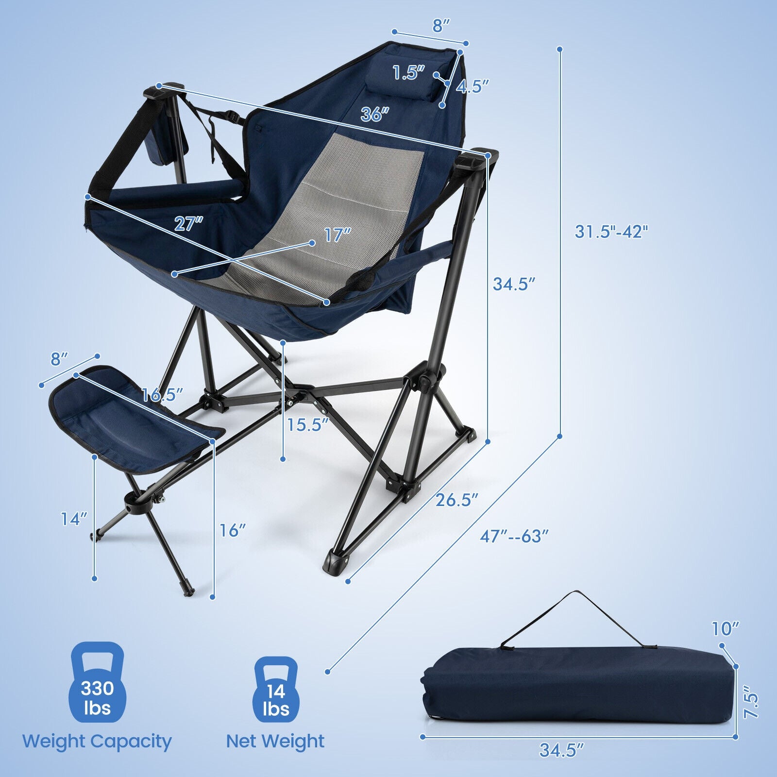 Hammock Camping Chair with Retractable Footrest and Carrying Bag, Navy Camping Furniture   at Gallery Canada