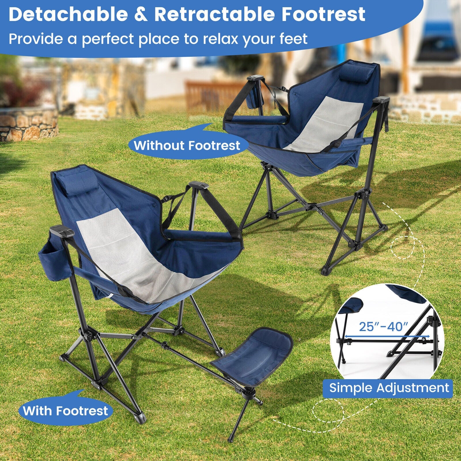 Hammock Camping Chair with Retractable Footrest and Carrying Bag, Navy Camping Furniture   at Gallery Canada