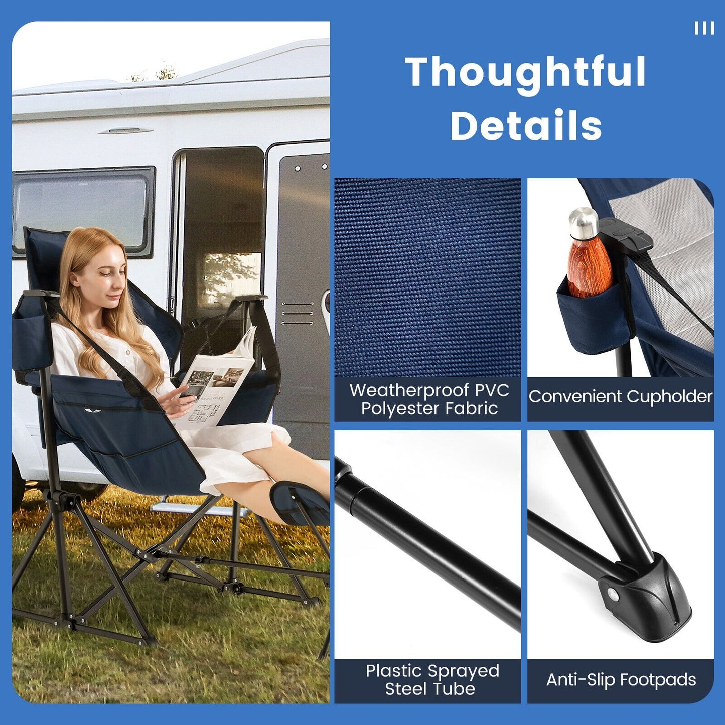 Hammock Camping Chair with Retractable Footrest and Carrying Bag, Navy - Gallery Canada