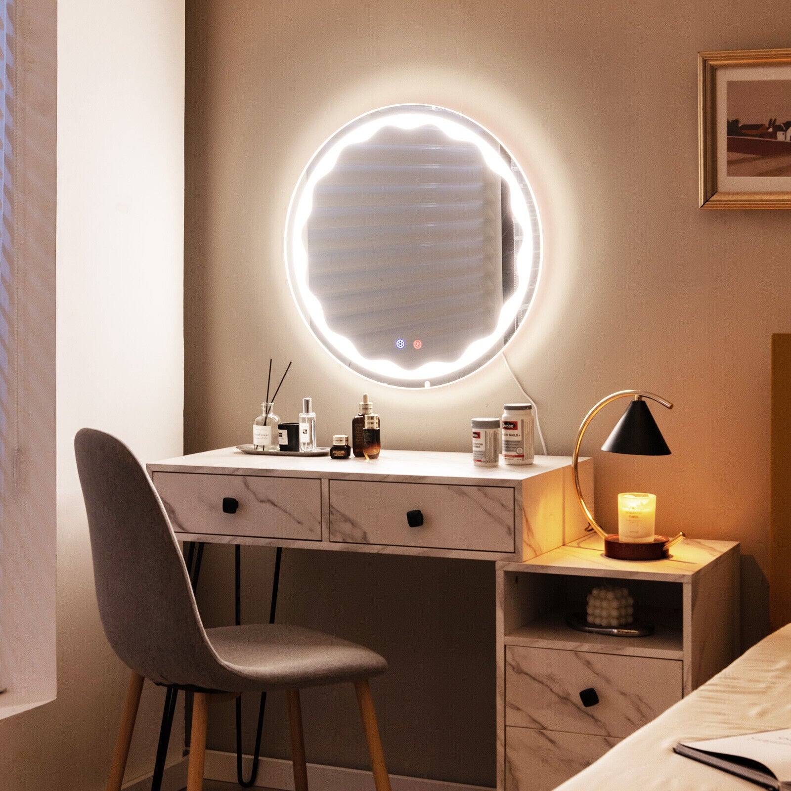 24 Inch Round Wall Mirror with 3-Color LED Lights and Smart Touch Button, Transparent Wall Mirrors   at Gallery Canada