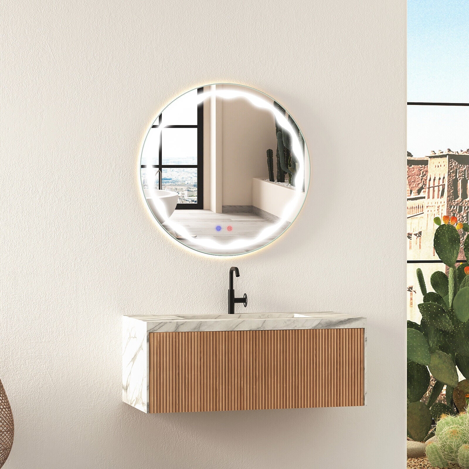 24 Inch Round Wall Mirror with 3-Color LED Lights and Smart Touch Button, Transparent Wall Mirrors   at Gallery Canada