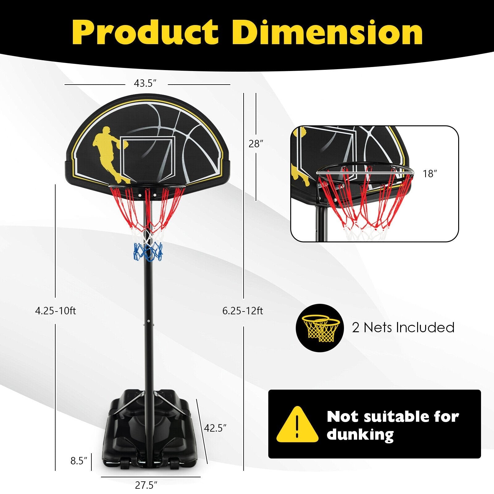 4.25-10 Feet Portable Adjustable Basketball Goal Hoop System, Black Sport Equipments   at Gallery Canada