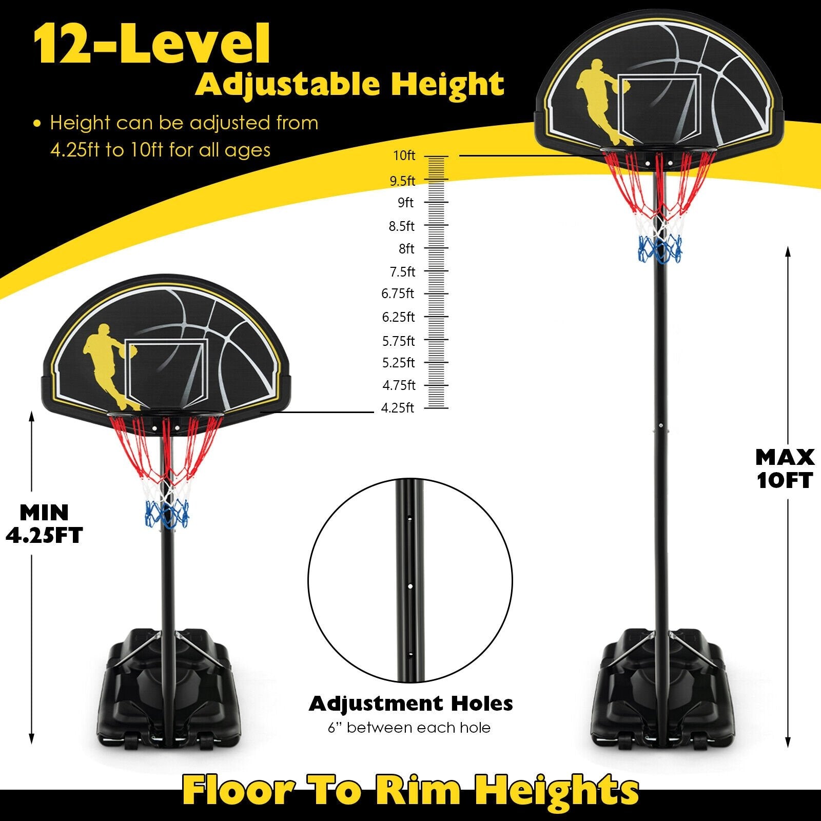 4.25-10 Feet Portable Adjustable Basketball Goal Hoop System, Black Sport Equipments   at Gallery Canada