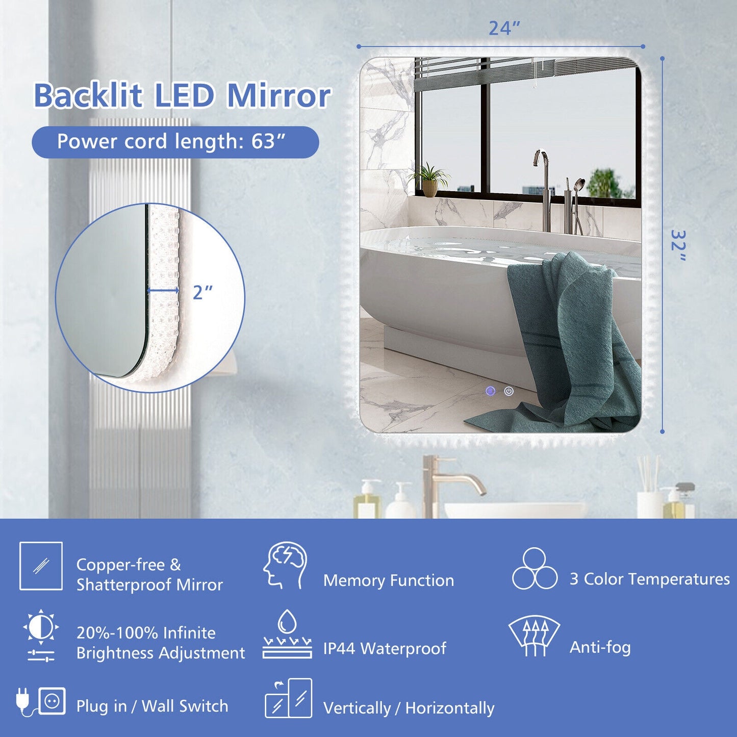 32 x 24 Inch Shatterproof Wall Mirror with 3-Color Lights and Anti-Fog Function, Transparent Wall Mirrors at Gallery Canada