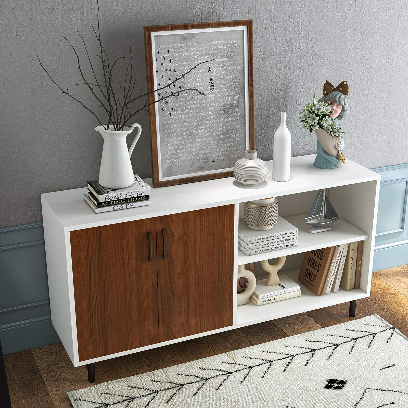 Modern Buffet Sideboard with 2 Doors and Open Compartments, Walnut Sideboards Cabinets & Buffets   at Gallery Canada