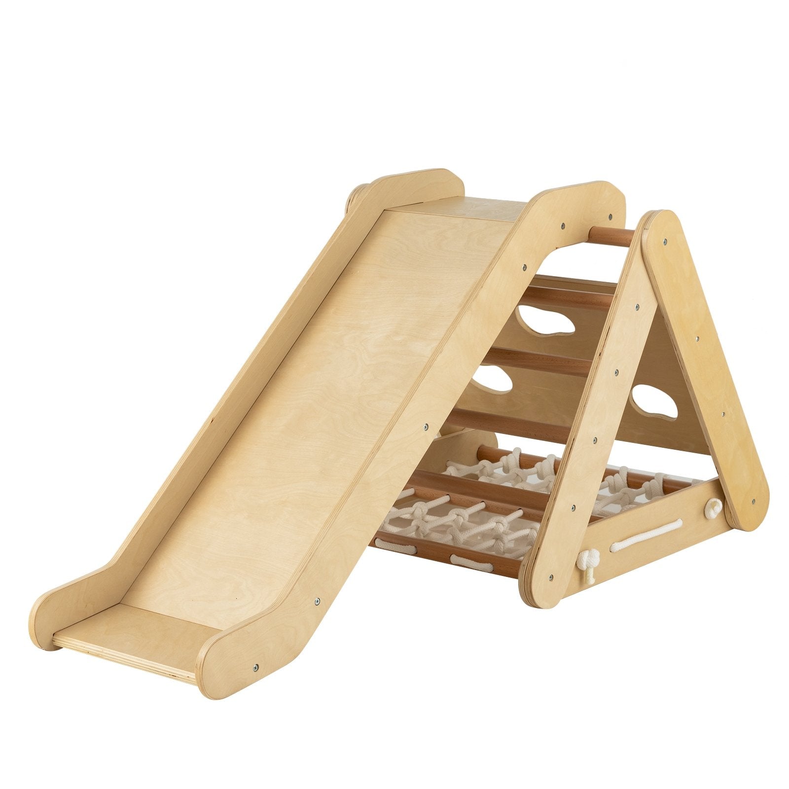 4 in 1 Triangle Climber Toy with Sliding Board and Climbing Net, Natural Climbers & Slides   at Gallery Canada