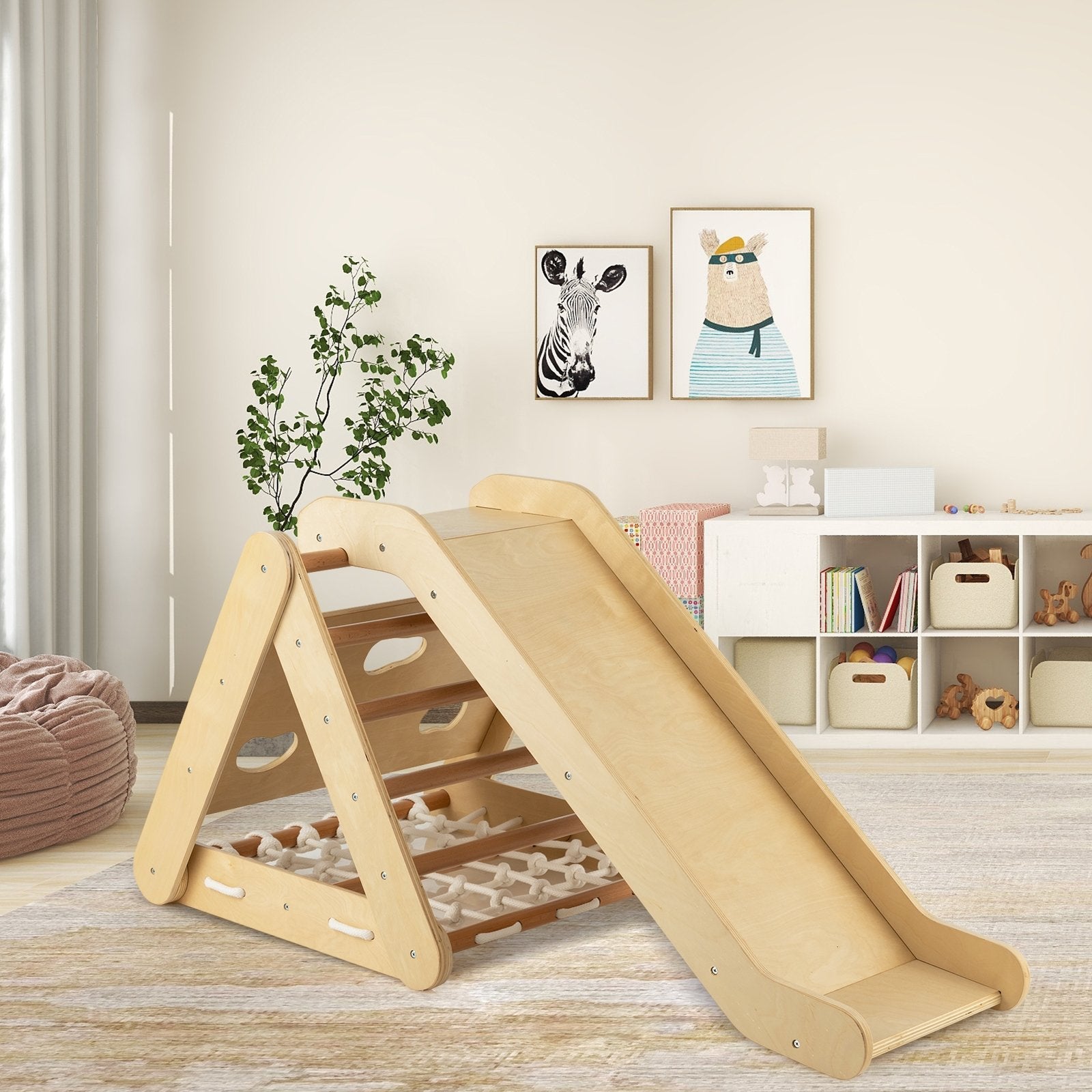 4 in 1 Triangle Climber Toy with Sliding Board and Climbing Net, Natural Climbers & Slides   at Gallery Canada