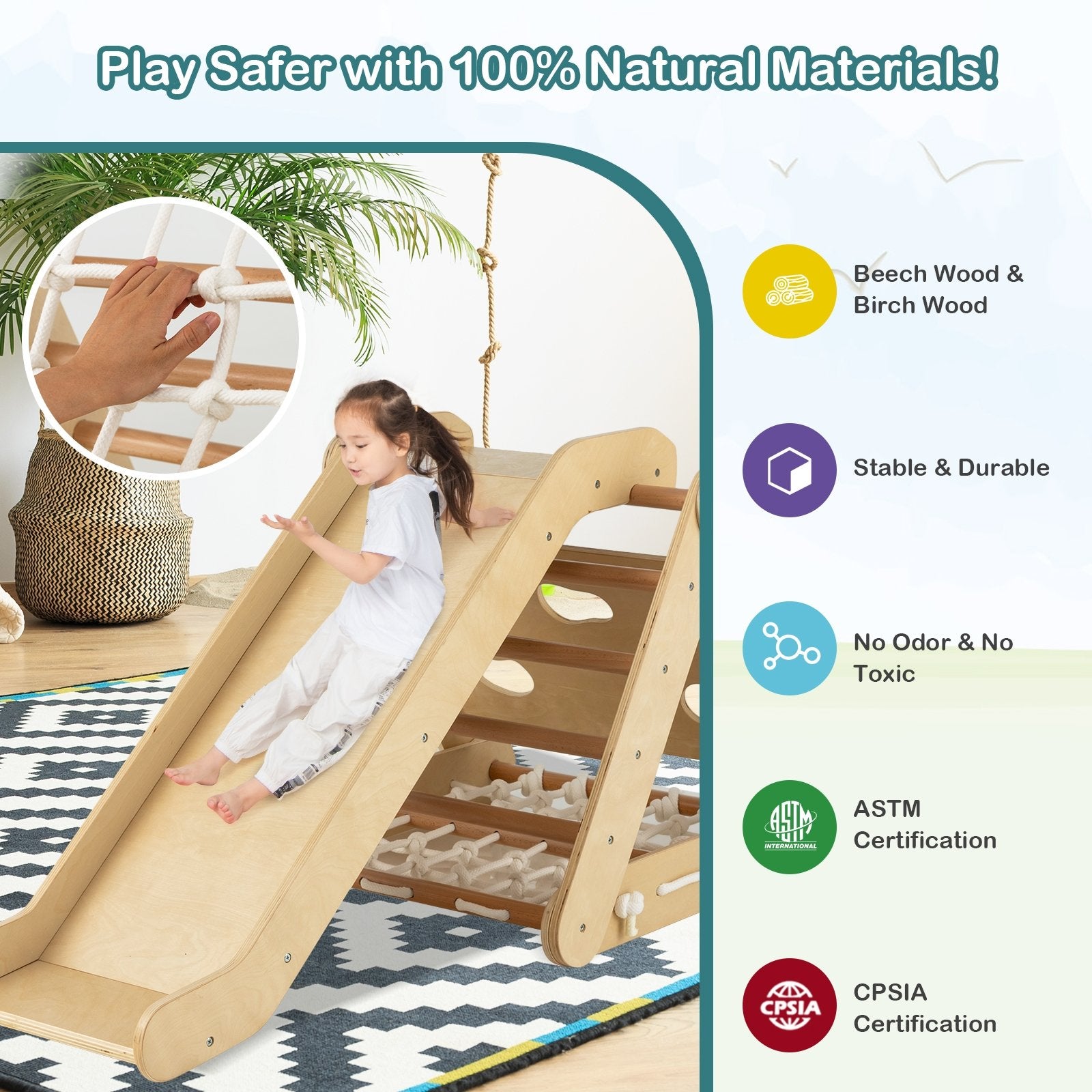 4 in 1 Triangle Climber Toy with Sliding Board and Climbing Net, Natural Climbers & Slides   at Gallery Canada