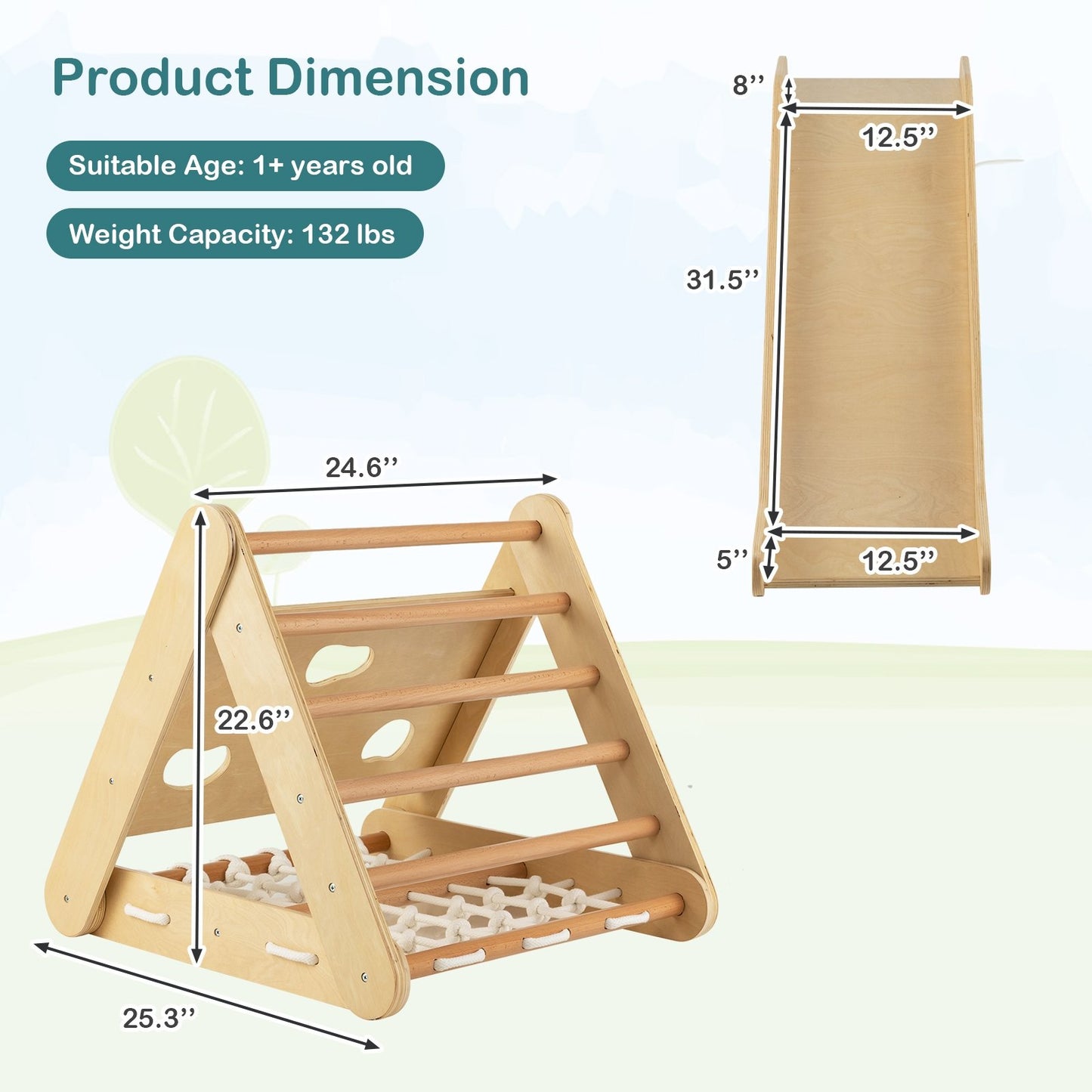 4 in 1 Triangle Climber Toy with Sliding Board and Climbing Net, Natural Climbers & Slides   at Gallery Canada