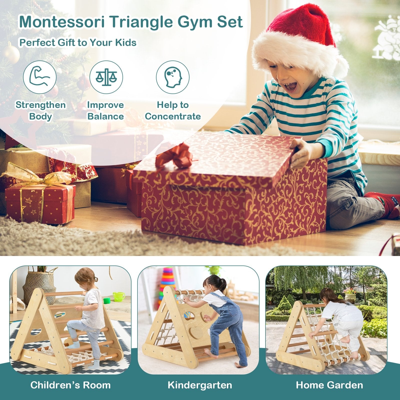 4 in 1 Triangle Climber Toy with Sliding Board and Climbing Net, Natural Climbers & Slides   at Gallery Canada