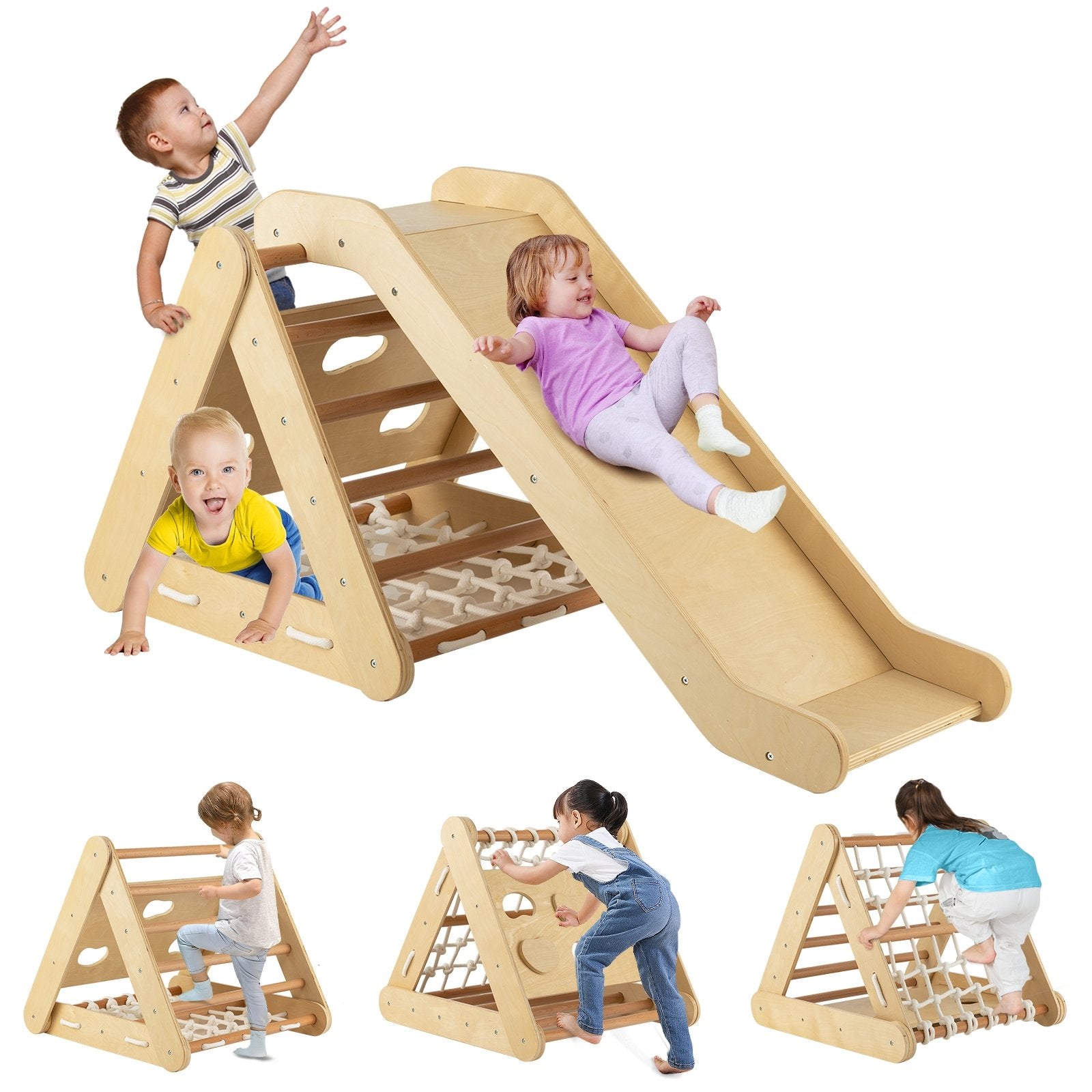 4 in 1 Triangle Climber Toy with Sliding Board and Climbing Net, Natural Climbers & Slides   at Gallery Canada