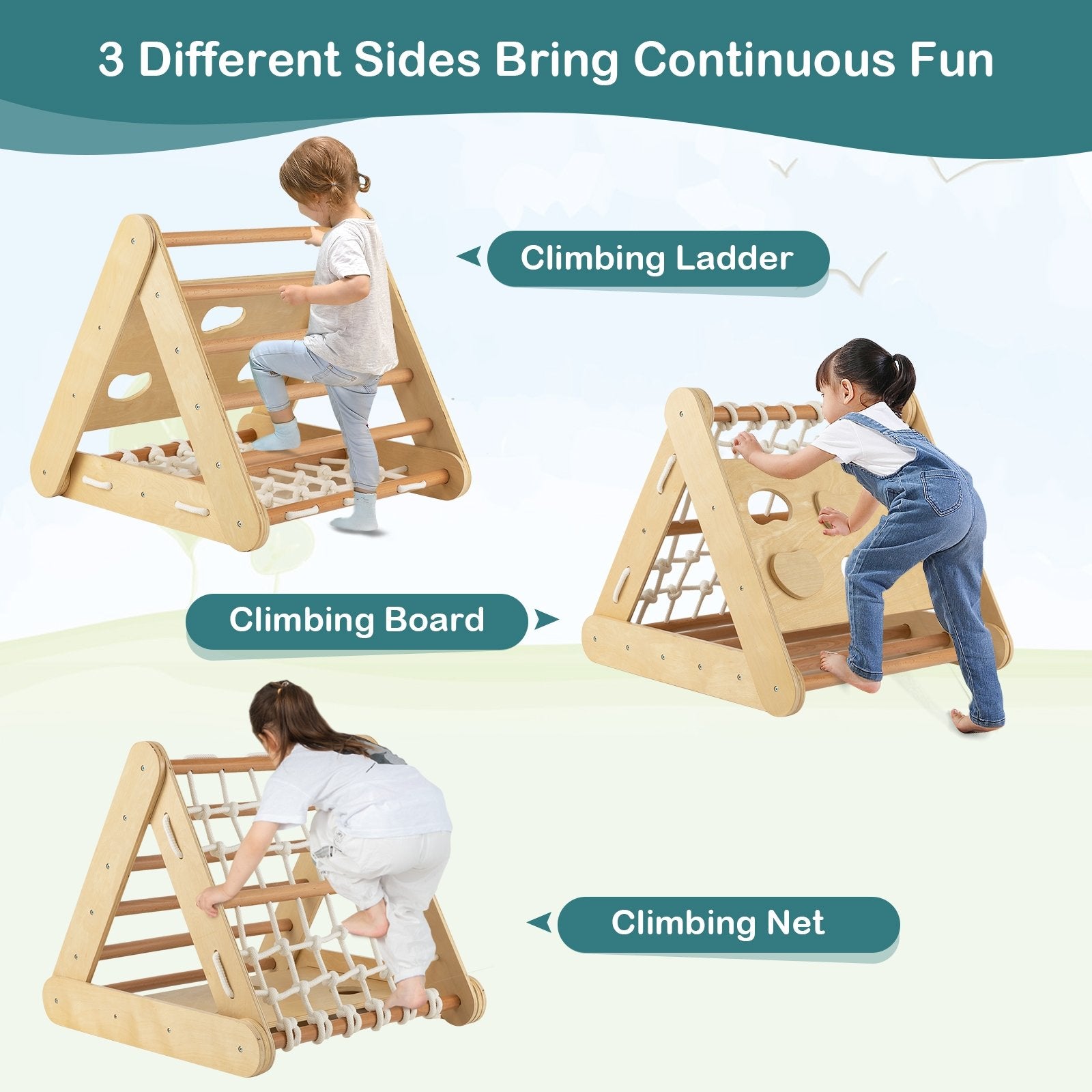 4 in 1 Triangle Climber Toy with Sliding Board and Climbing Net, Natural Climbers & Slides   at Gallery Canada