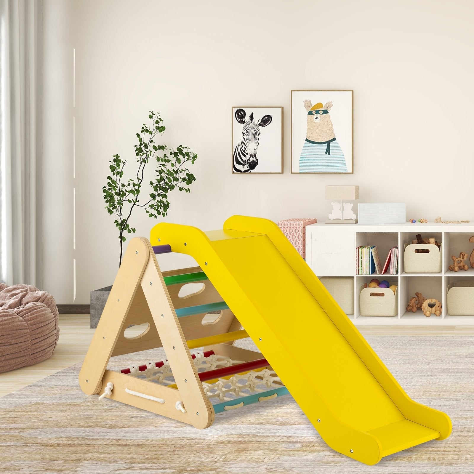 4 in 1 Triangle Climber Toy with Sliding Board and Climbing Net, Multicolor Climbers & Slides   at Gallery Canada