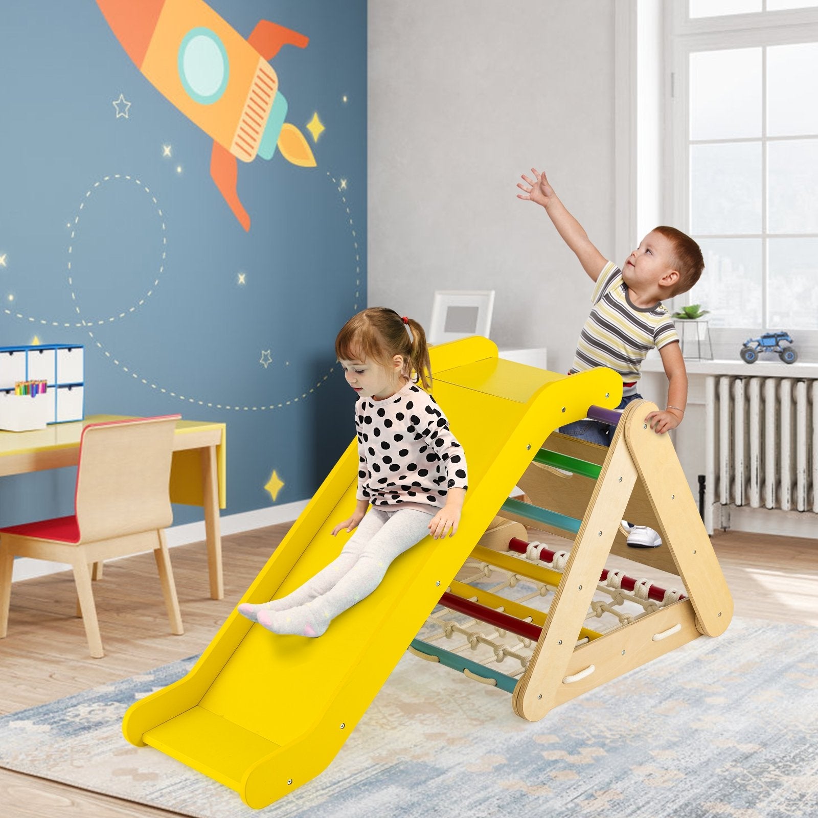 4 in 1 Triangle Climber Toy with Sliding Board and Climbing Net, Multicolor Climbers & Slides   at Gallery Canada