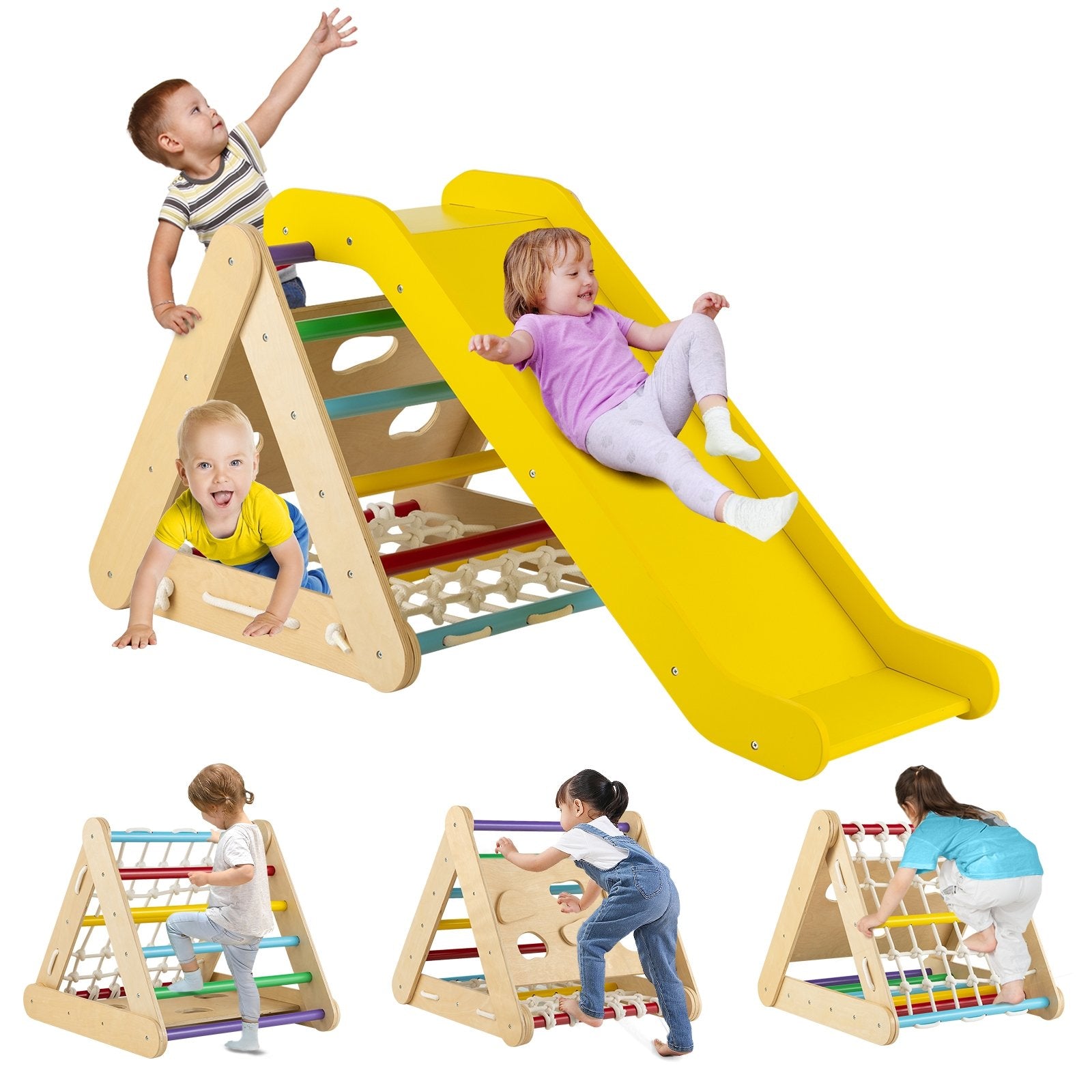 4 in 1 Triangle Climber Toy with Sliding Board and Climbing Net, Multicolor Climbers & Slides   at Gallery Canada