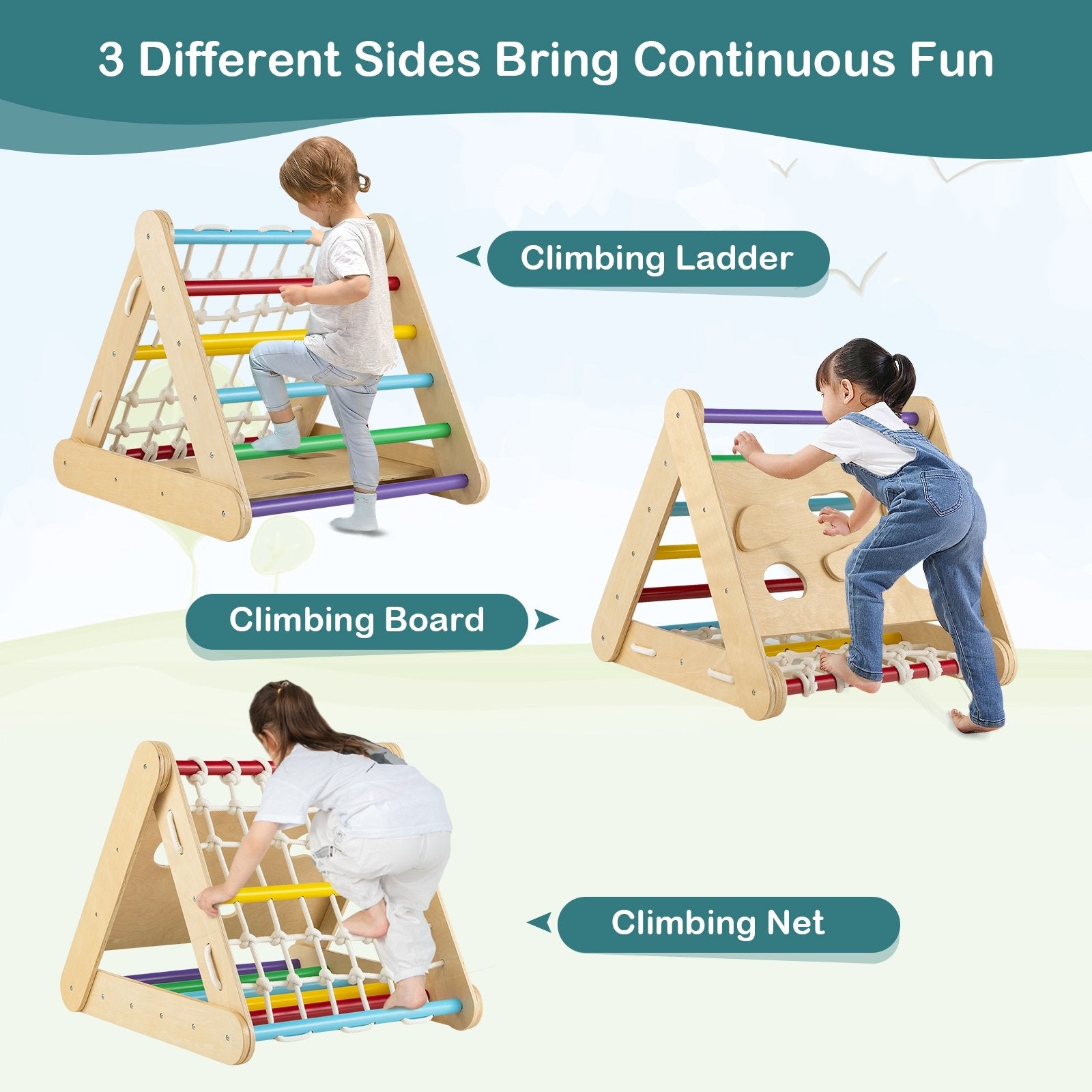 4 in 1 Triangle Climber Toy with Sliding Board and Climbing Net, Multicolor Climbers & Slides   at Gallery Canada