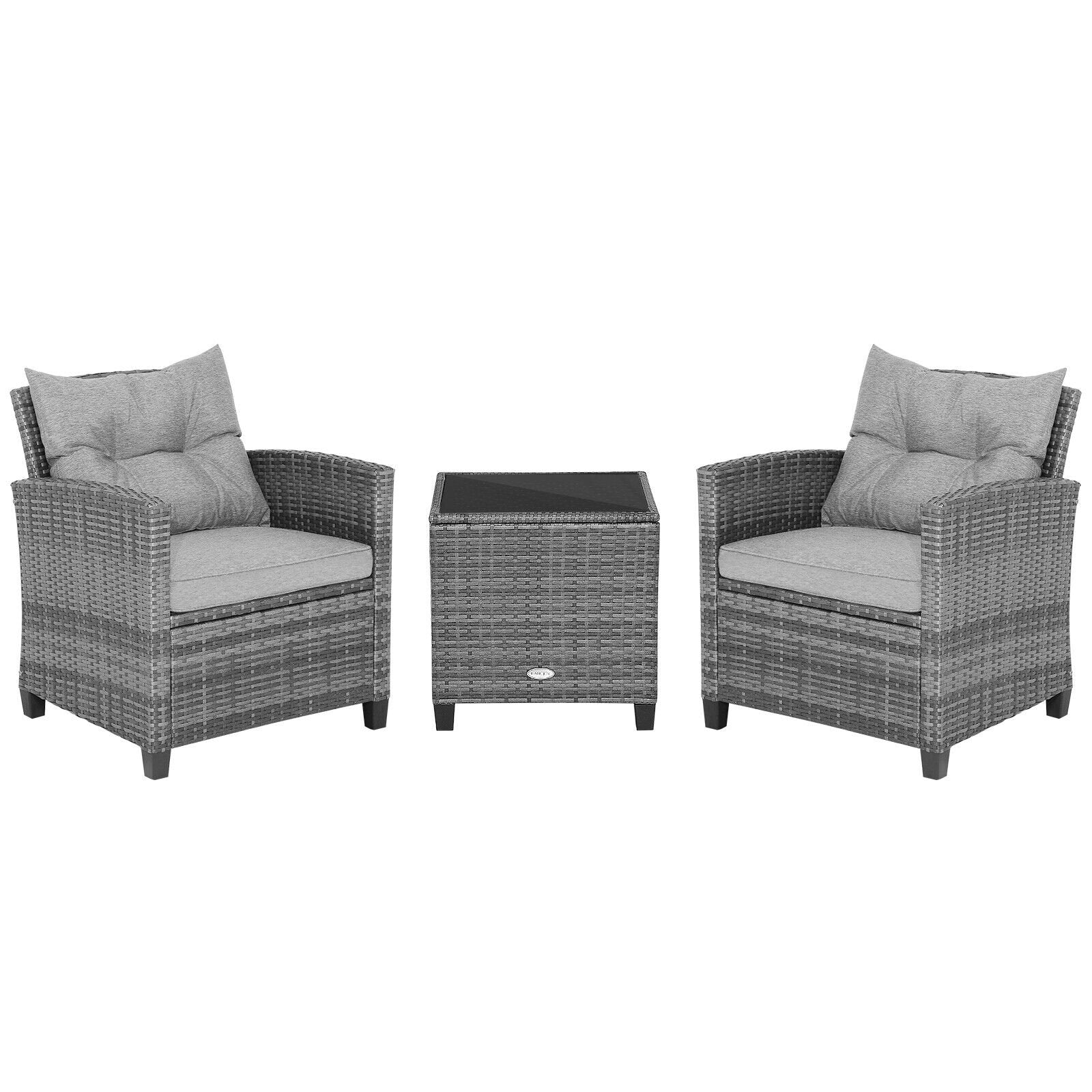 3 Pieces Outdoor Wicker Conversation Set with Tempered Glass Tabletop, Gray Patio Conversation Sets   at Gallery Canada