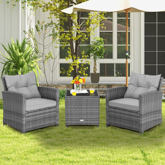 3 Pieces Outdoor Wicker Conversation Set with Tempered Glass Tabletop, Gray Patio Conversation Sets   at Gallery Canada