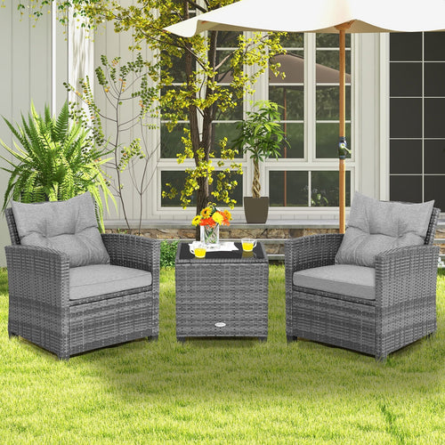 3 Pieces Outdoor Wicker Conversation Set with Tempered Glass Tabletop, Gray