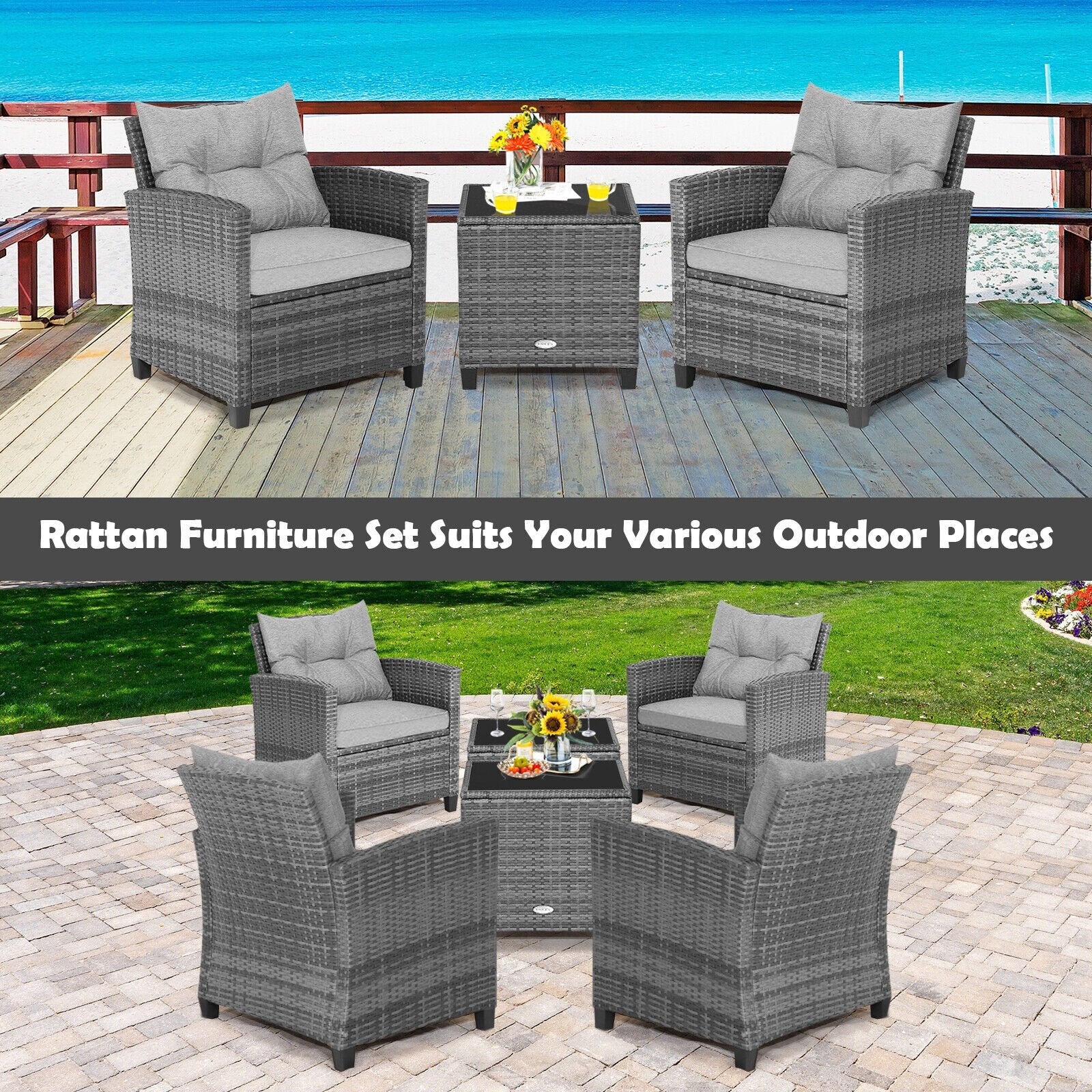 3 Pieces Outdoor Wicker Conversation Set with Tempered Glass Tabletop, Gray Patio Conversation Sets   at Gallery Canada