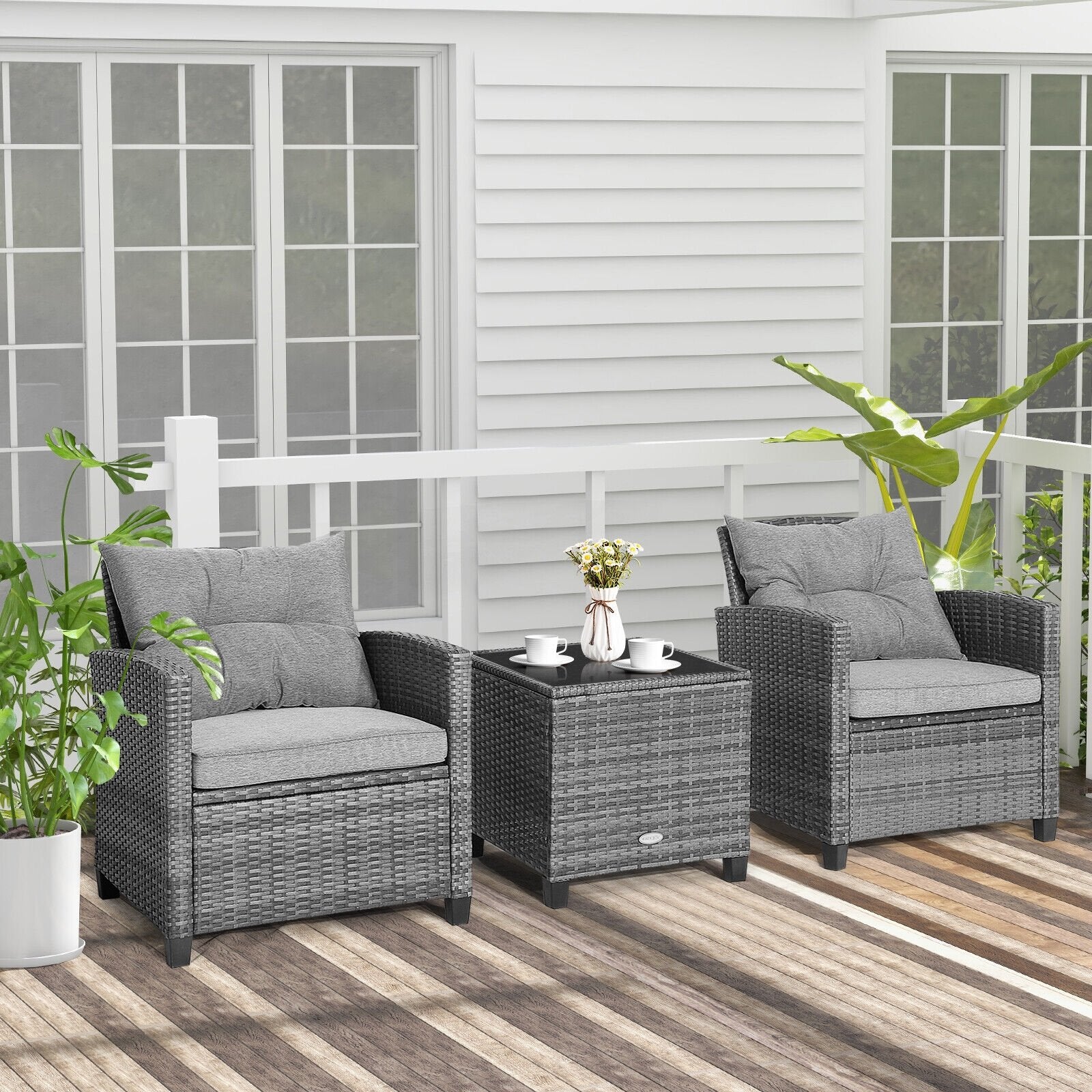 3 Pieces Outdoor Wicker Conversation Set with Tempered Glass Tabletop, Gray Patio Conversation Sets   at Gallery Canada