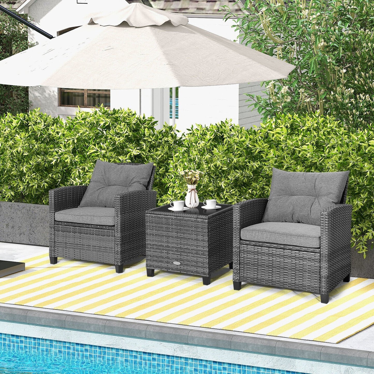 3 Pieces Outdoor Wicker Conversation Set with Tempered Glass Tabletop, Gray Patio Conversation Sets   at Gallery Canada