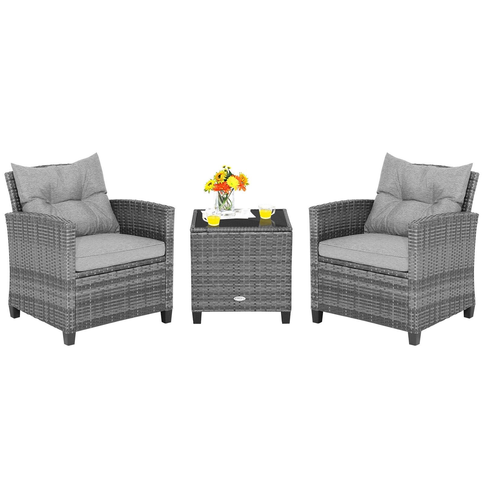 3 Pieces Outdoor Wicker Conversation Set with Tempered Glass Tabletop, Gray Patio Conversation Sets   at Gallery Canada